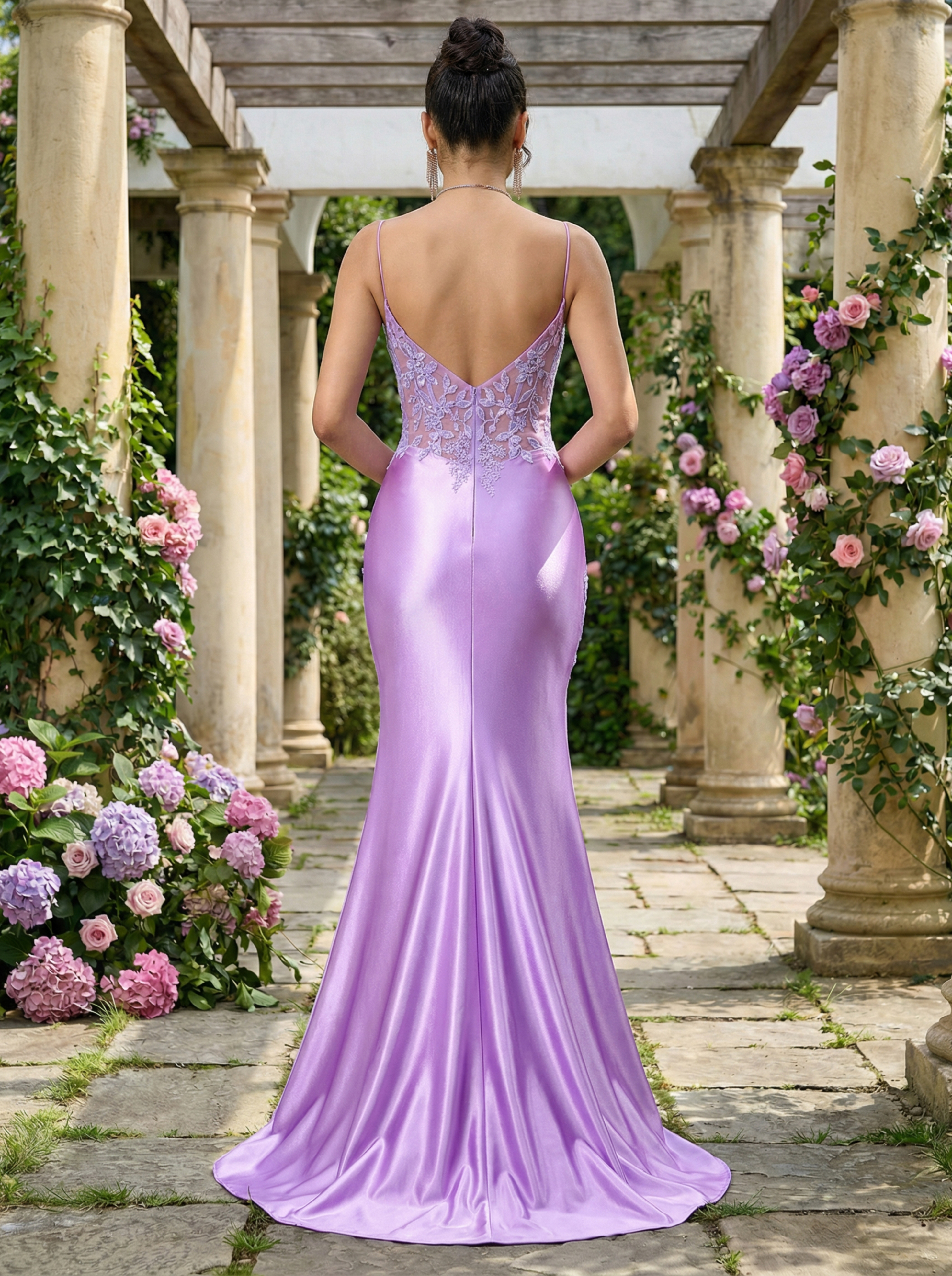 Elegant Lavender Embroidered Gown with Spaghetti Straps and a Mermaid Slit