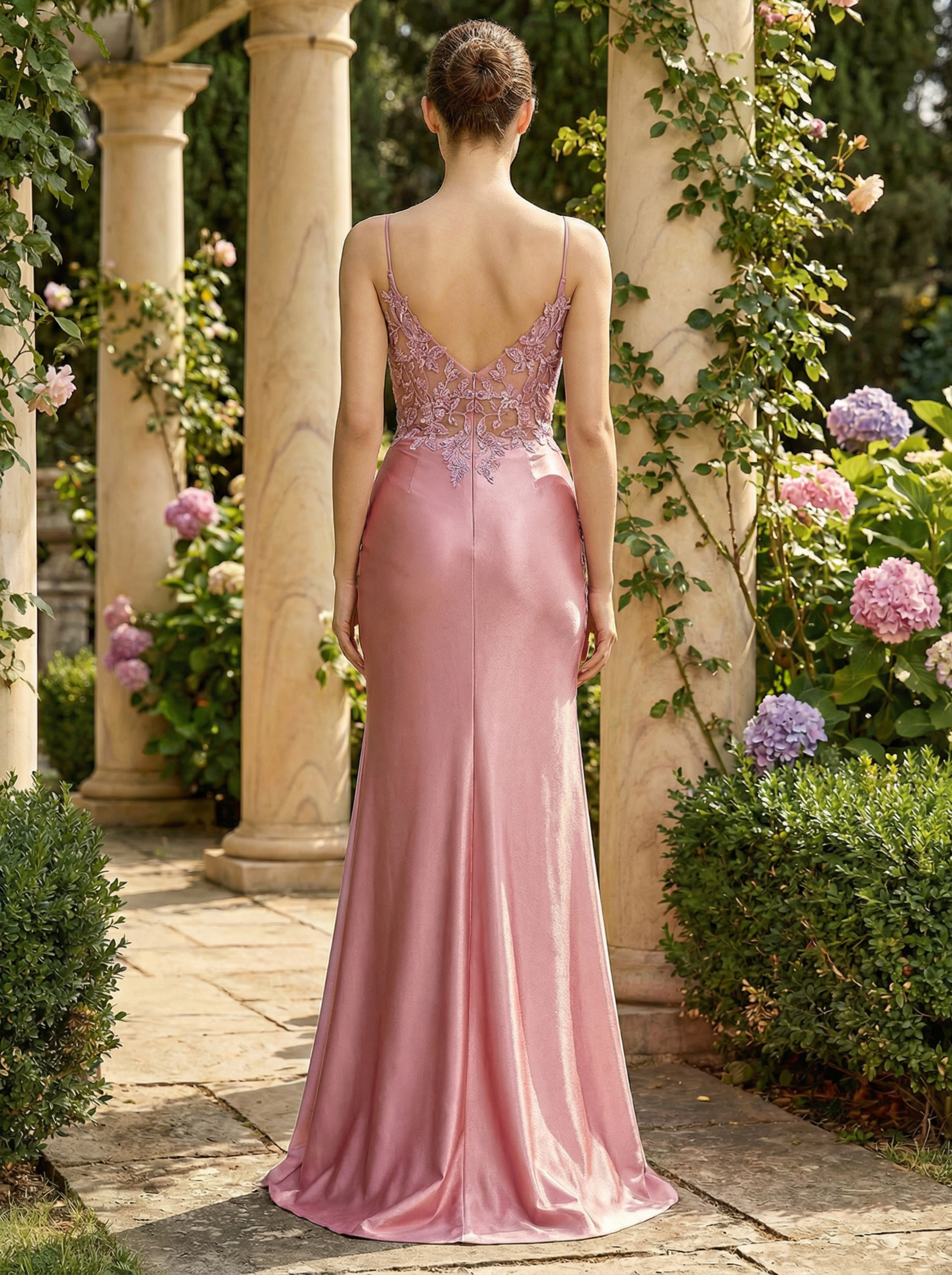 Elegant Blush Embroidered Gown with Spaghetti Straps and a Mermaid Slit