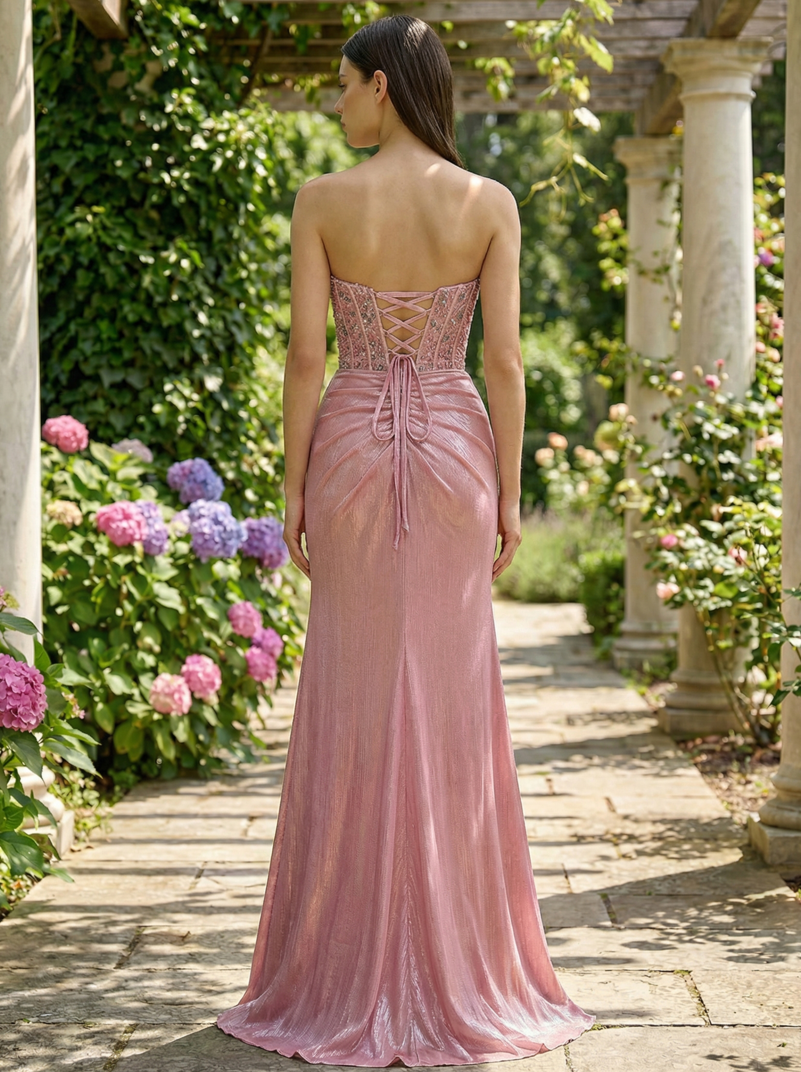Luminous Blush Pink Mermaid Gown with Shimmering Beads and Draped Details