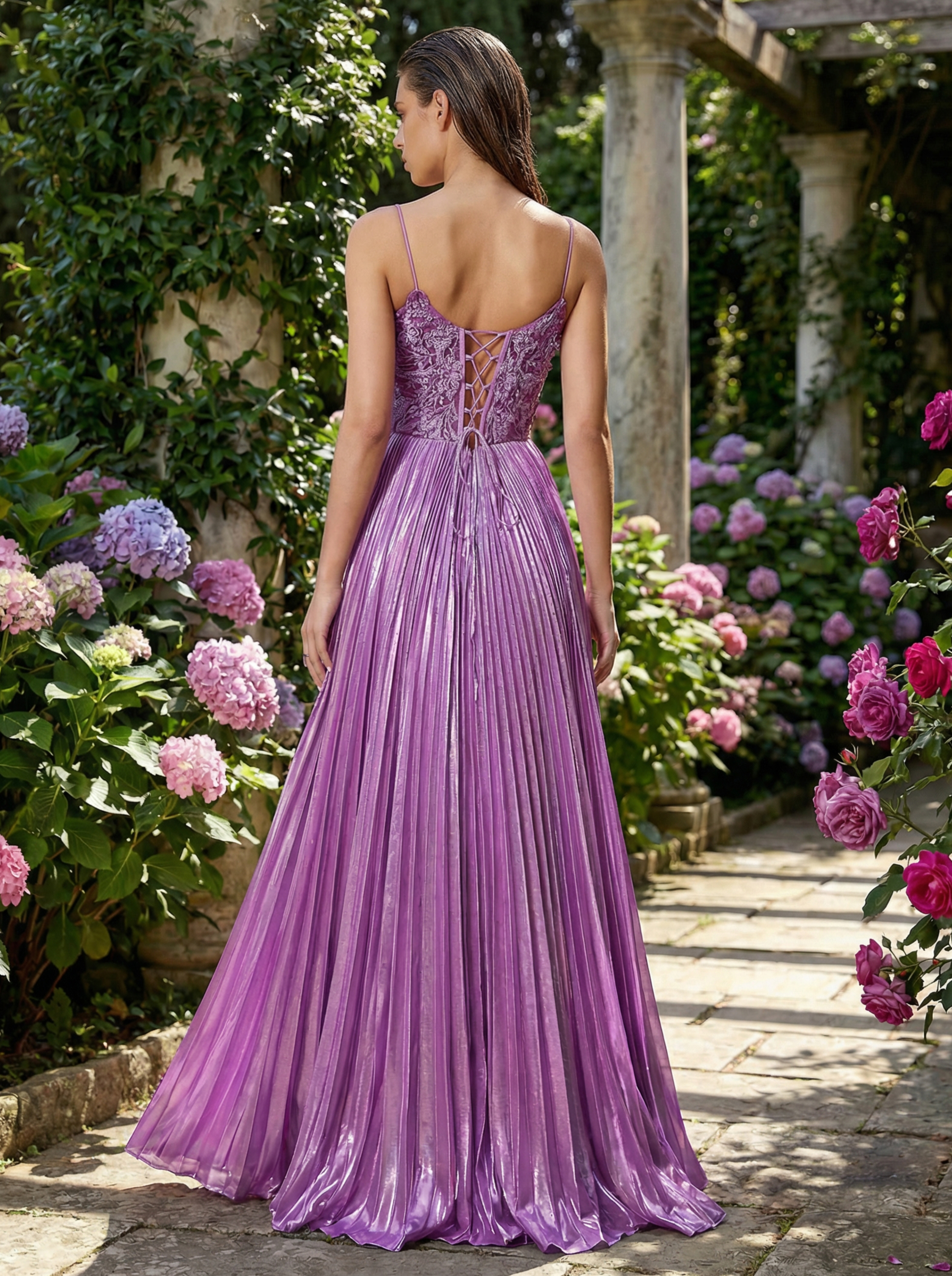 Elegant Purple Formal Gown with Guipure Lace and Pleated Panels