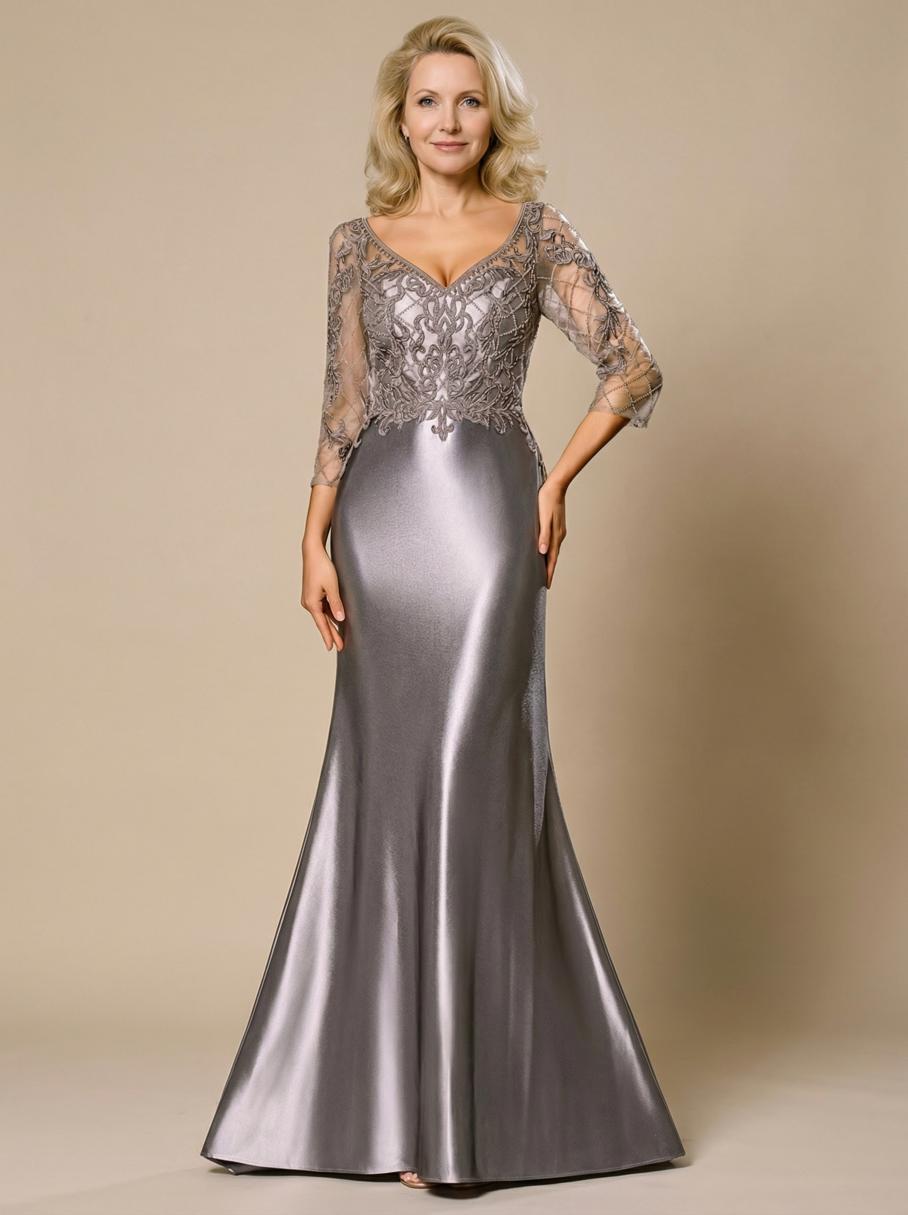 Elegant Silver Maxi Hip-hugging Mother of the Bride Dress