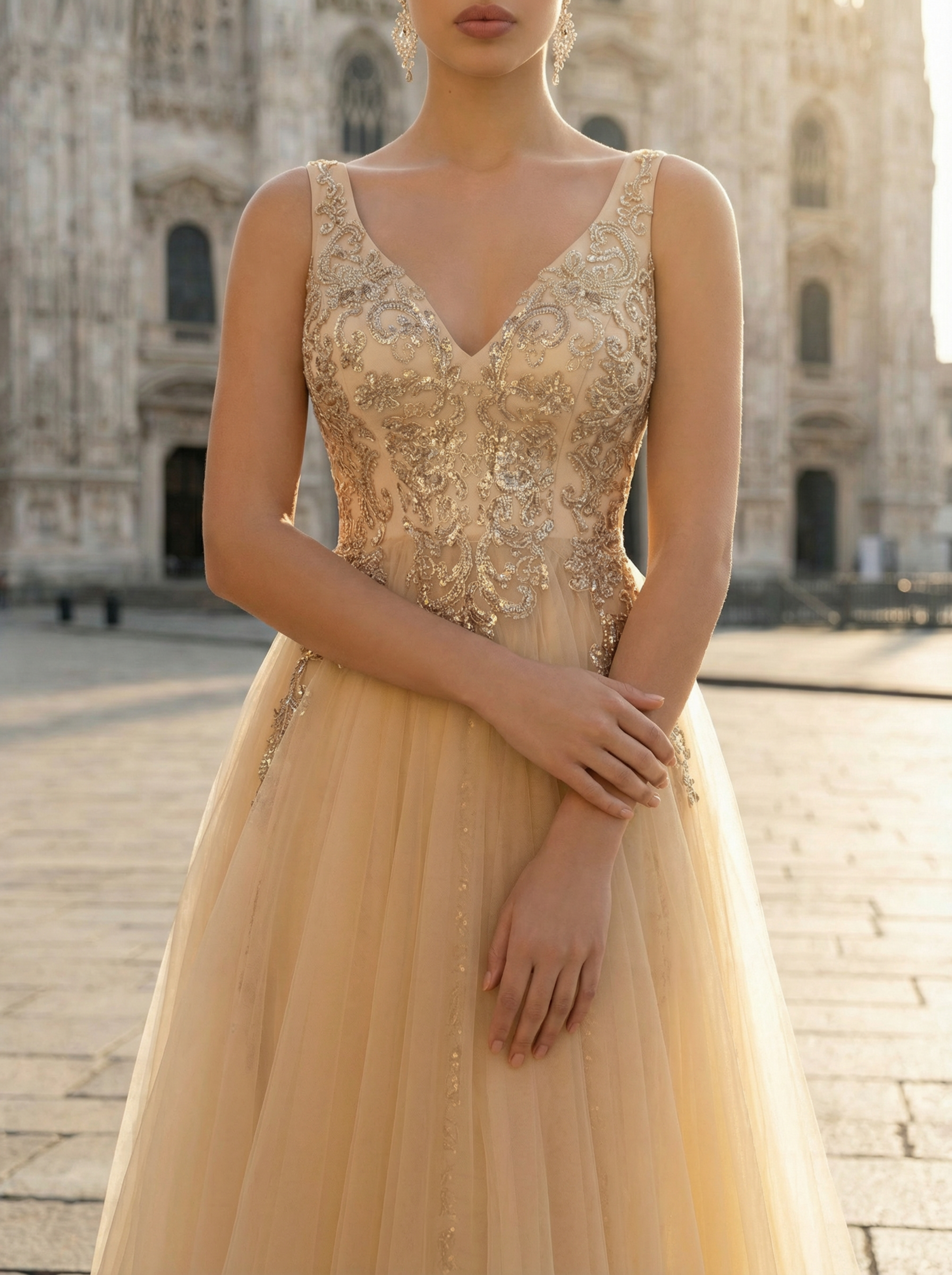 Deep Champagne Embroidered Tulle Evening Gown with Full Skirt