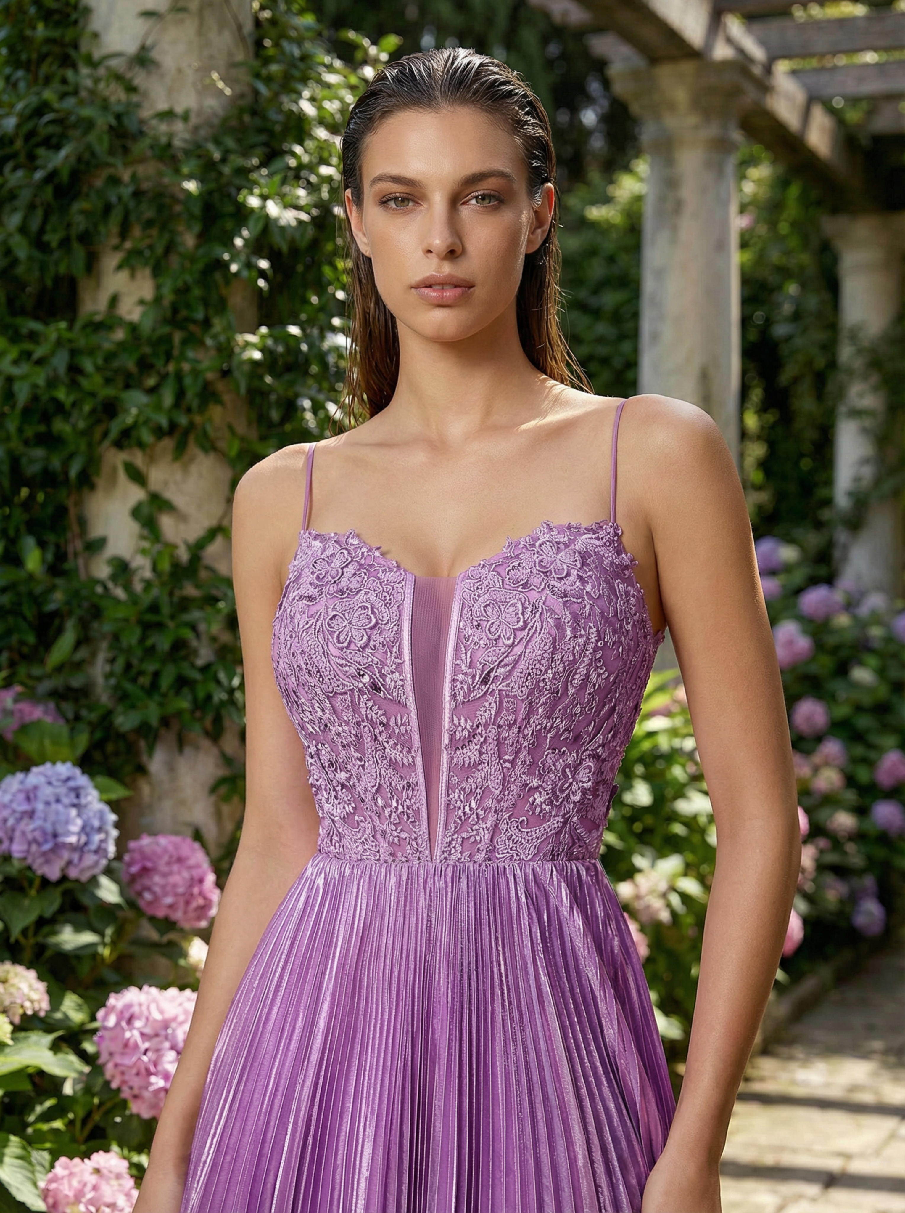 Elegant Purple Formal Gown with Guipure Lace and Pleated Panels