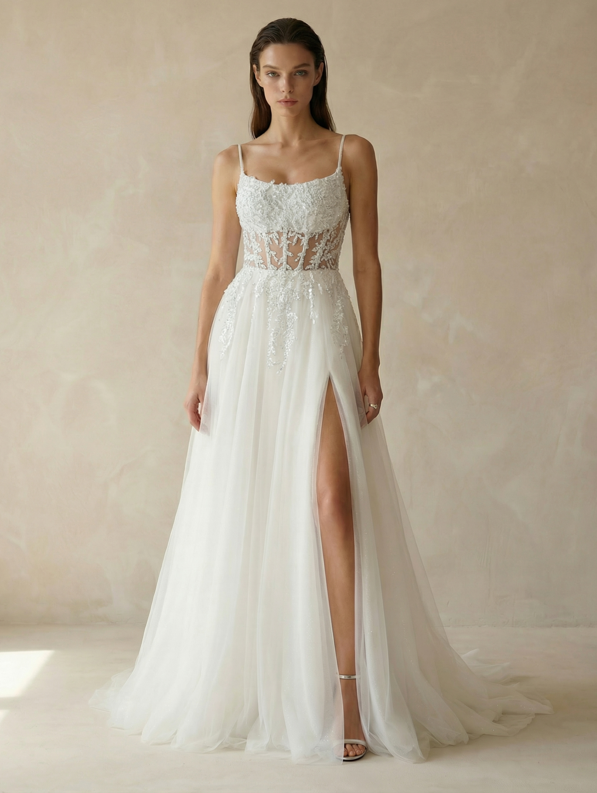 Vintage Square Neck Tulle A-Line Wedding Dress with Lace Appliqu?s