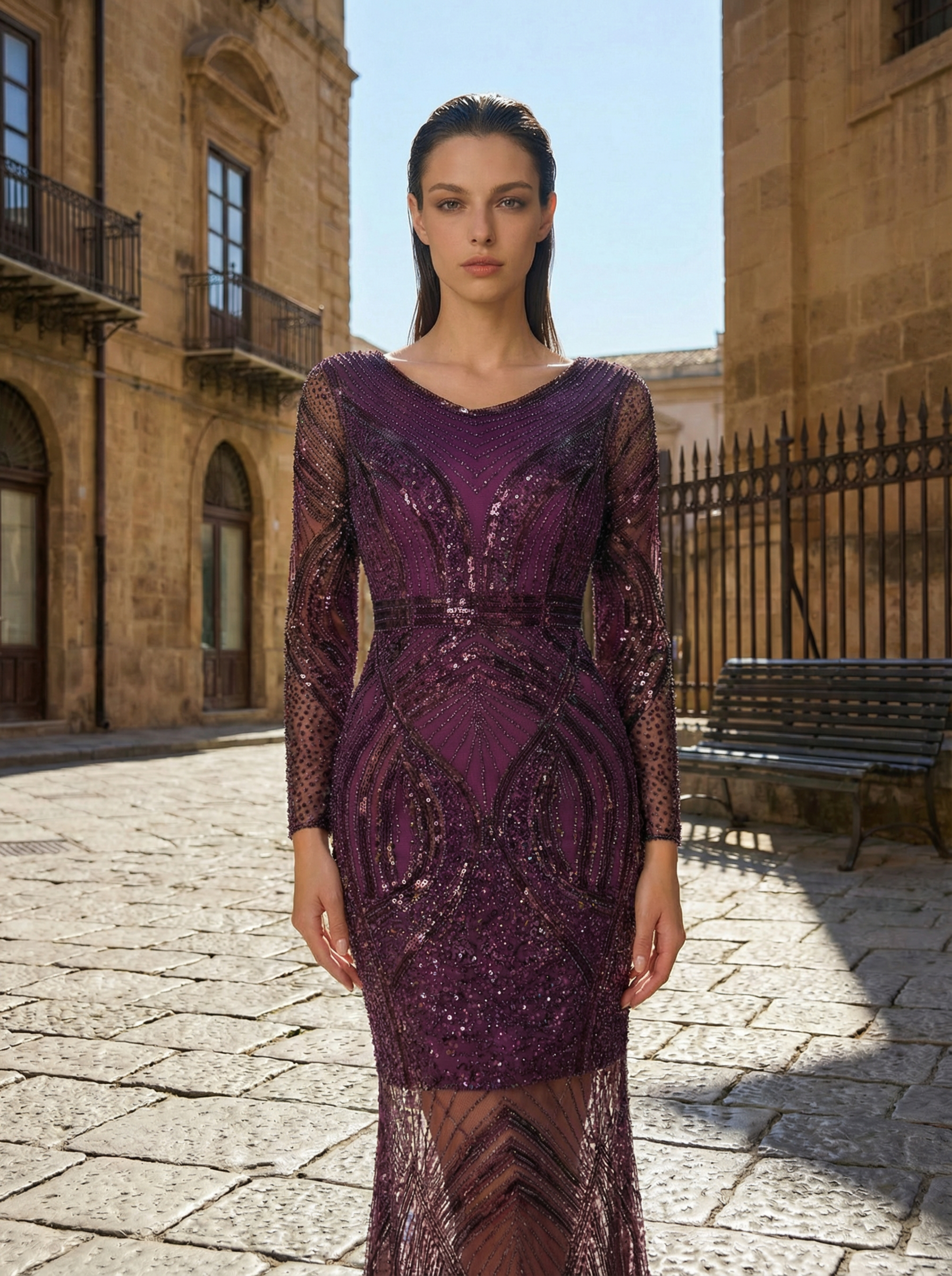 Elegant Long Sleeve Bodycon Evening Gown Beaded Party Dress