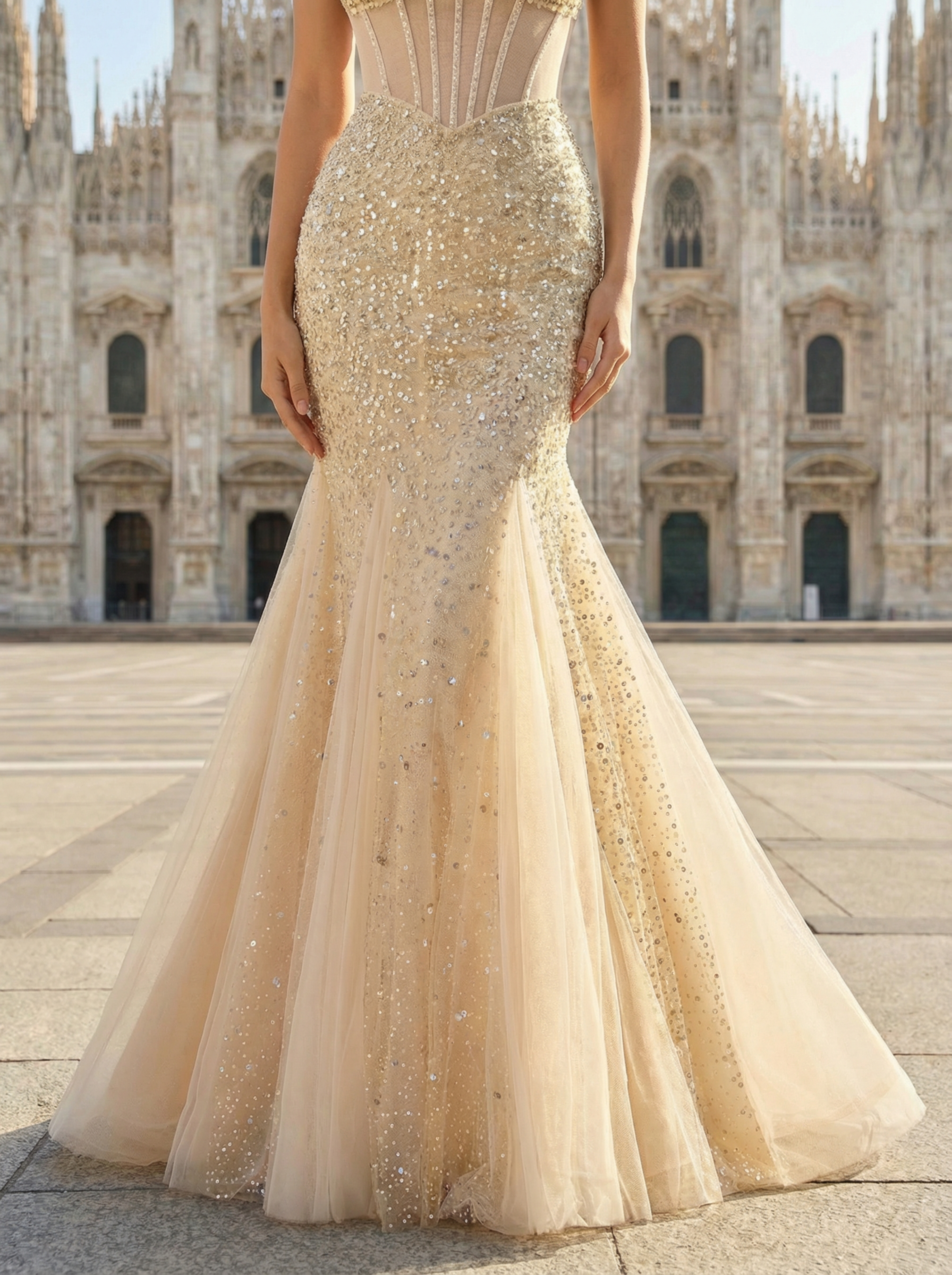 Luxurious Heavily Beaded Mermaid Gown with Hand-Sewn Crystals on Tulle