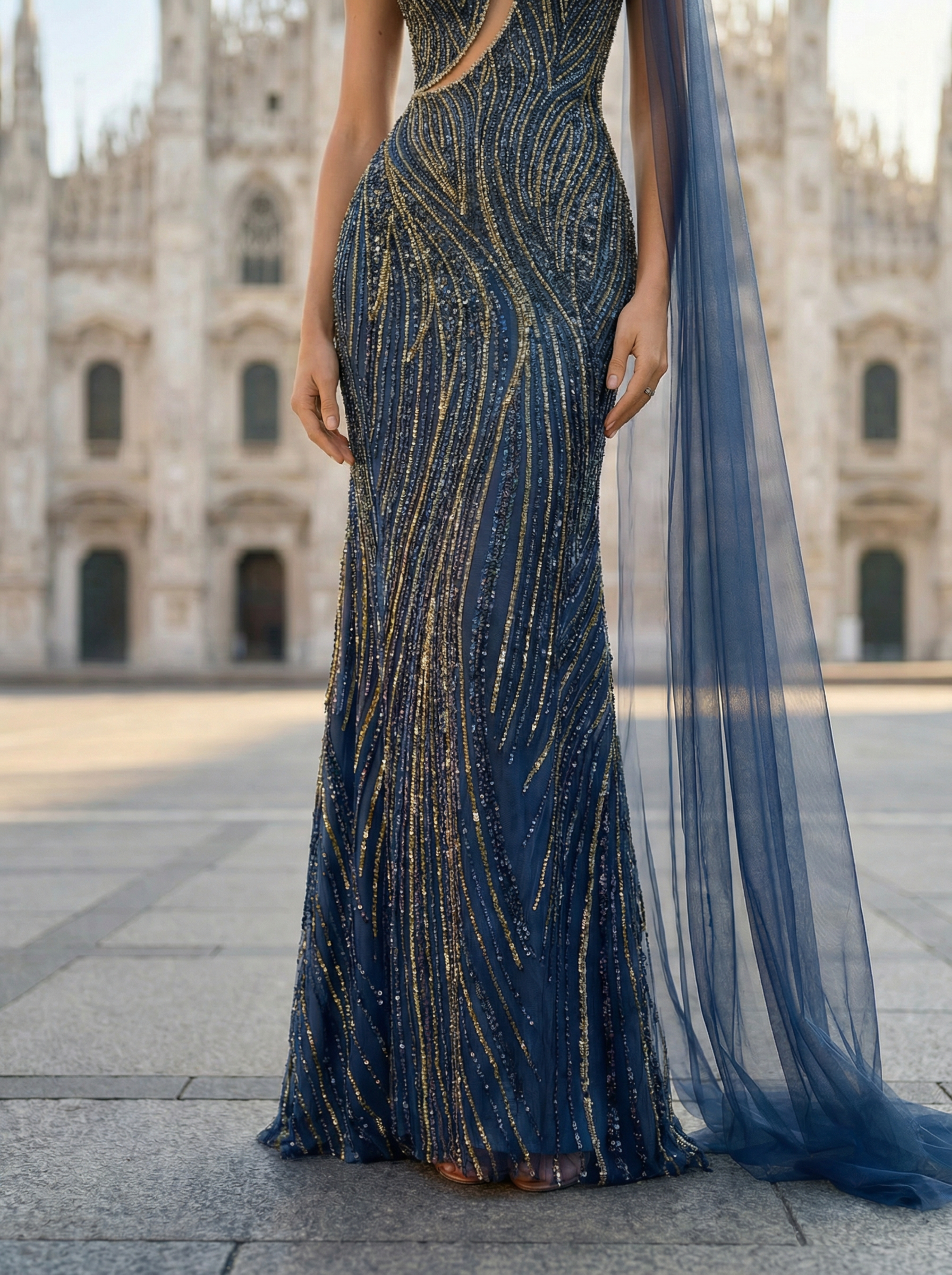 Elegant Beaded Navy Mermaid Gown with Off-the-Shoulder Sleeves