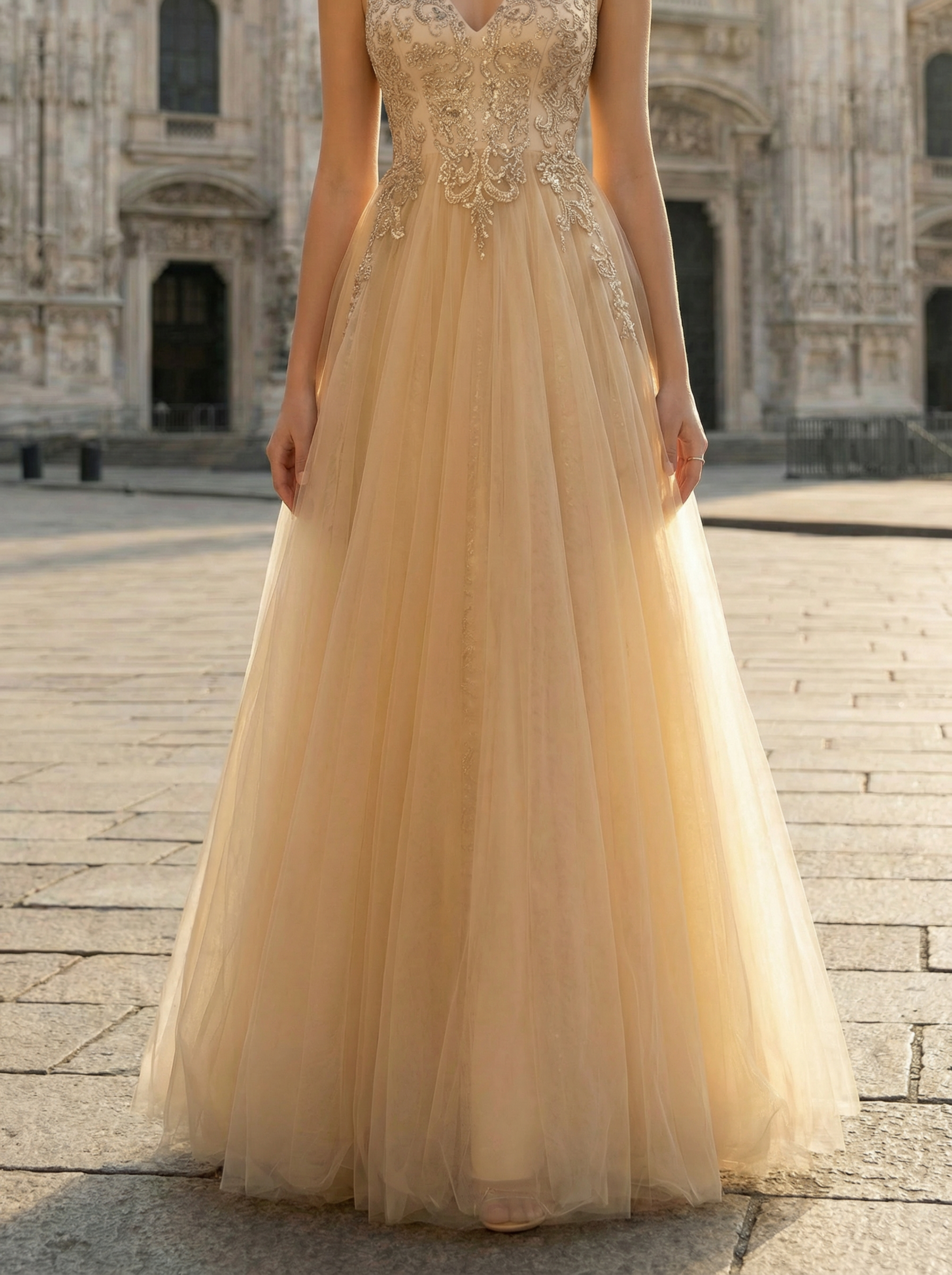 Deep Champagne Embroidered Tulle Evening Gown with Full Skirt