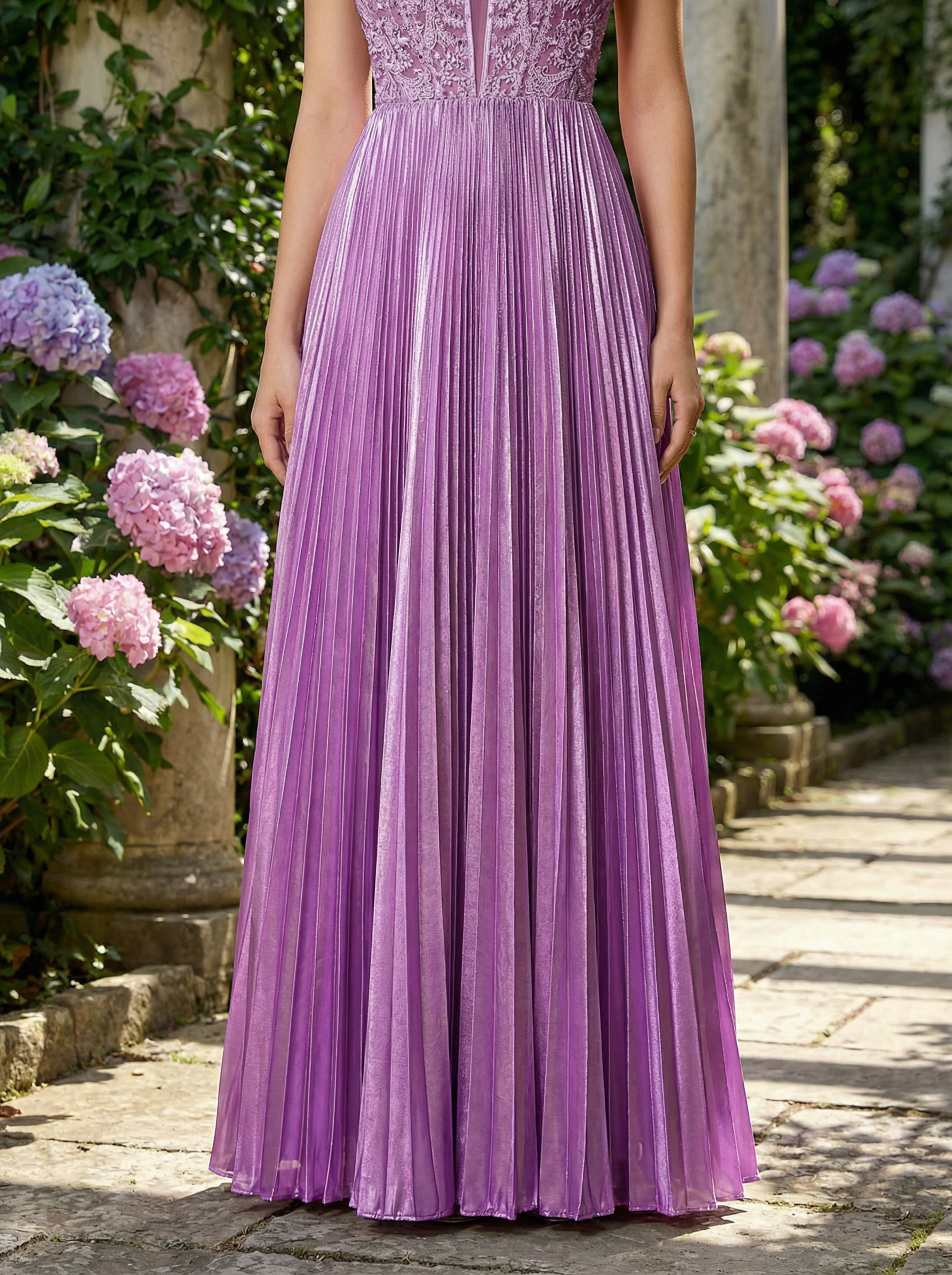 Elegant Purple Formal Gown with Guipure Lace and Pleated Panels