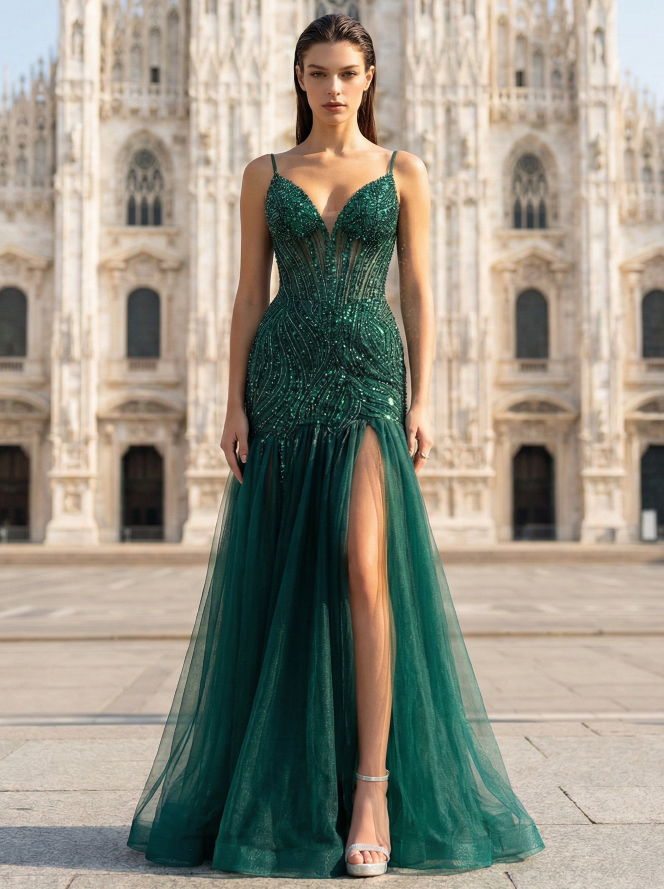 Elegant Green Sheer Mermaid Gown with Intricate Beading and a Seductive Slit