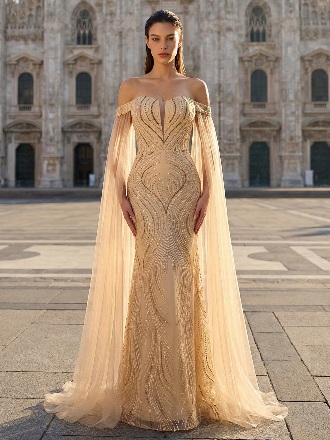 Luxury Elegant Off The Shoulder Tulle Beading Formal Evening Gown