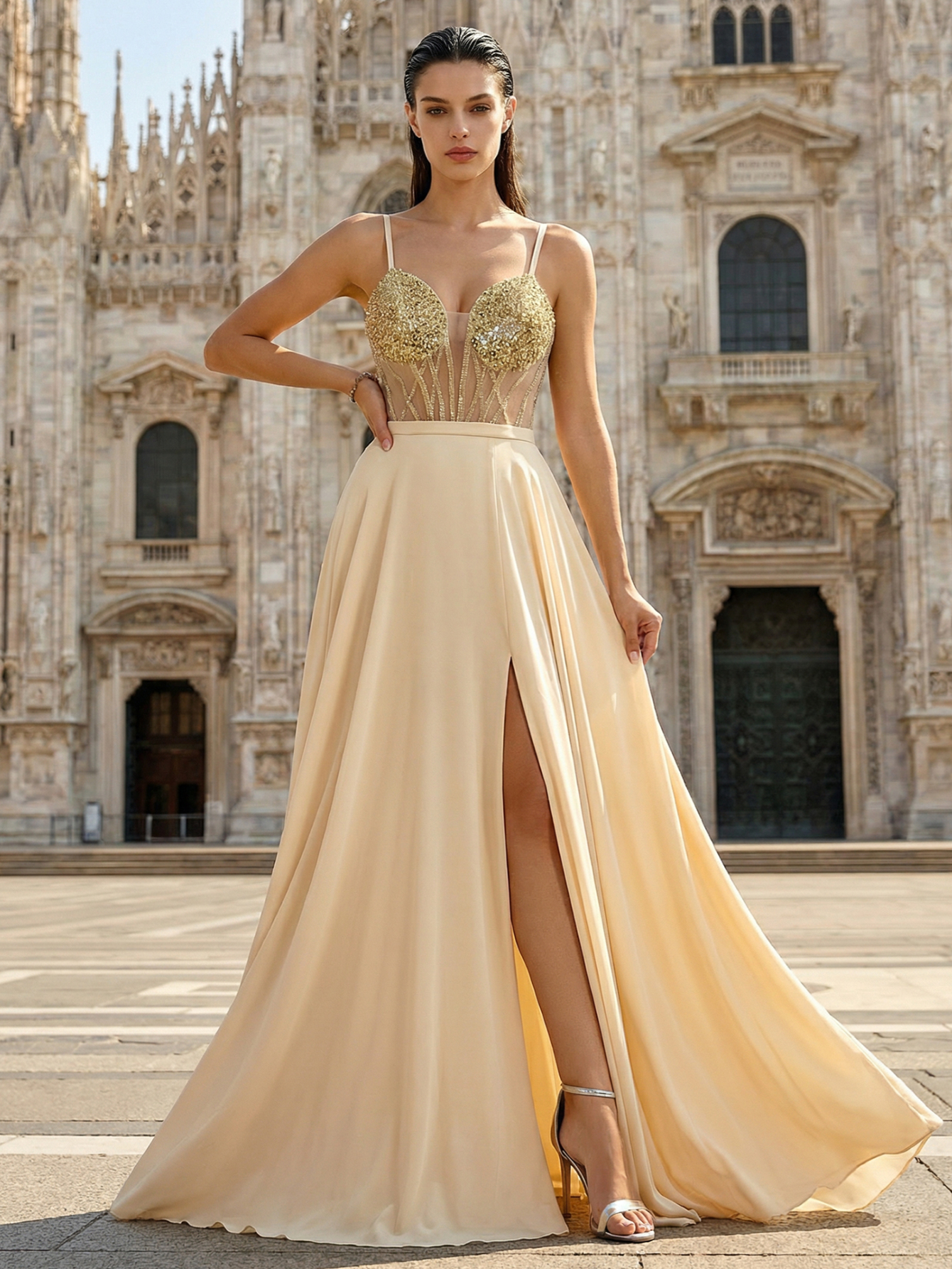 A-line Spaghetti Straps Chiffon Long Prom Dress with Beading