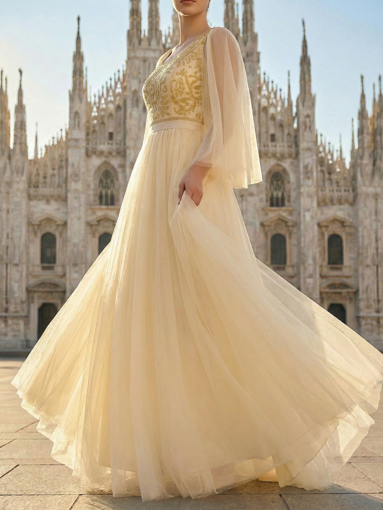 A-line Round Neck Ruffle Tulle Long Prom Dress with Beading