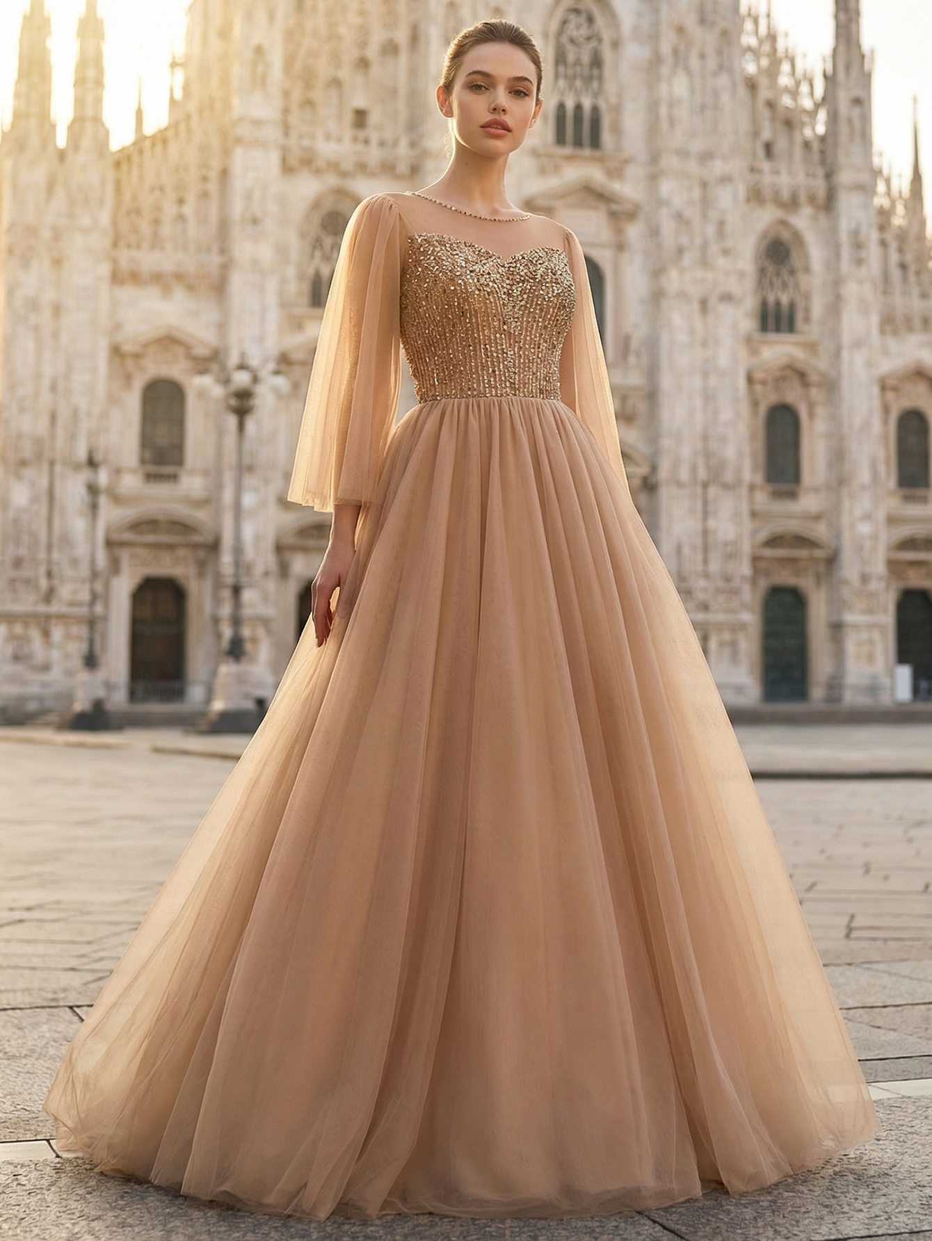 A-line Round Neck Ruffle Tulle Long Prom Dress with Beading