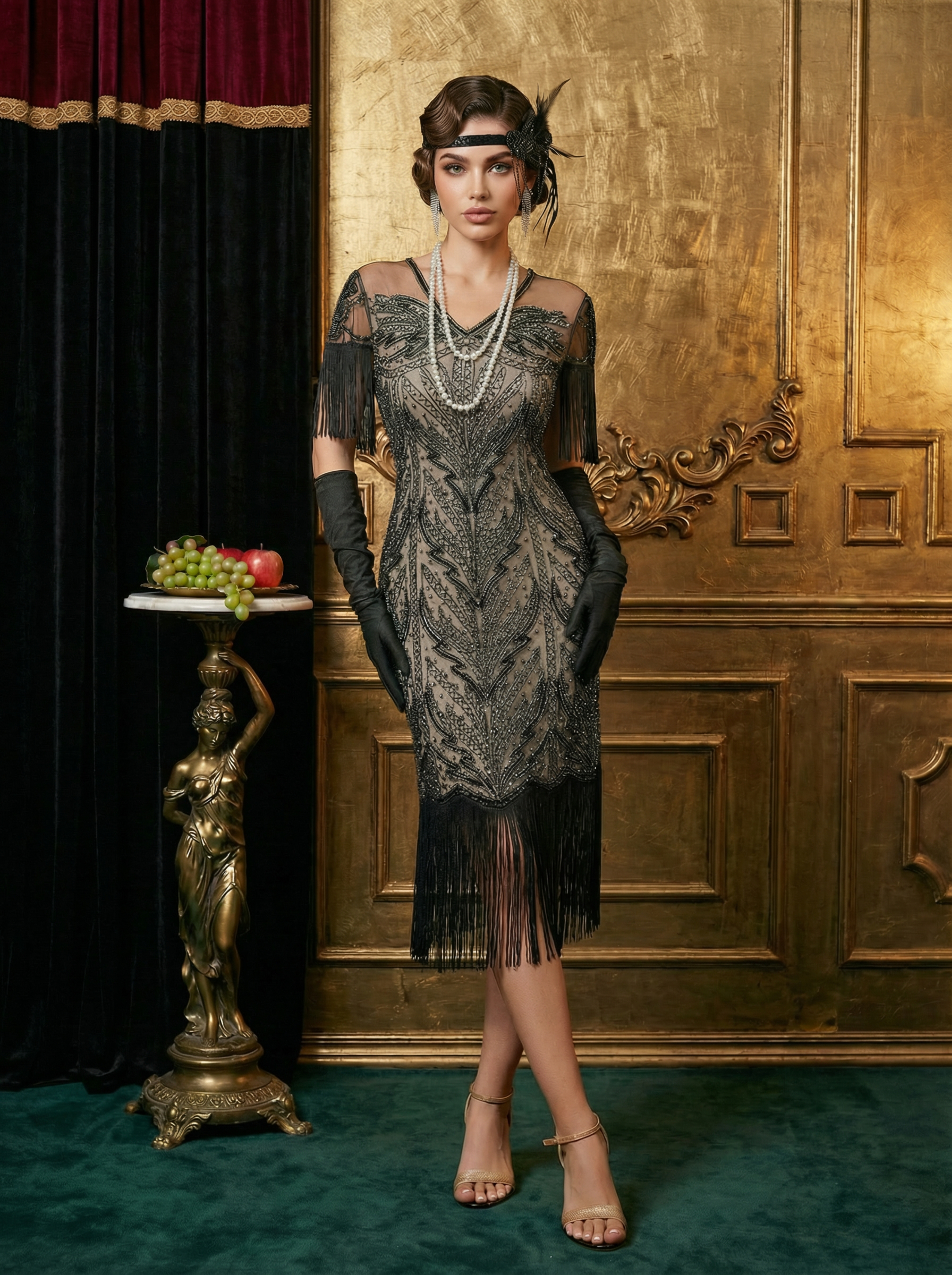 1920s Flapper Style Champagne Dress with Sequins and Short Sleeves
