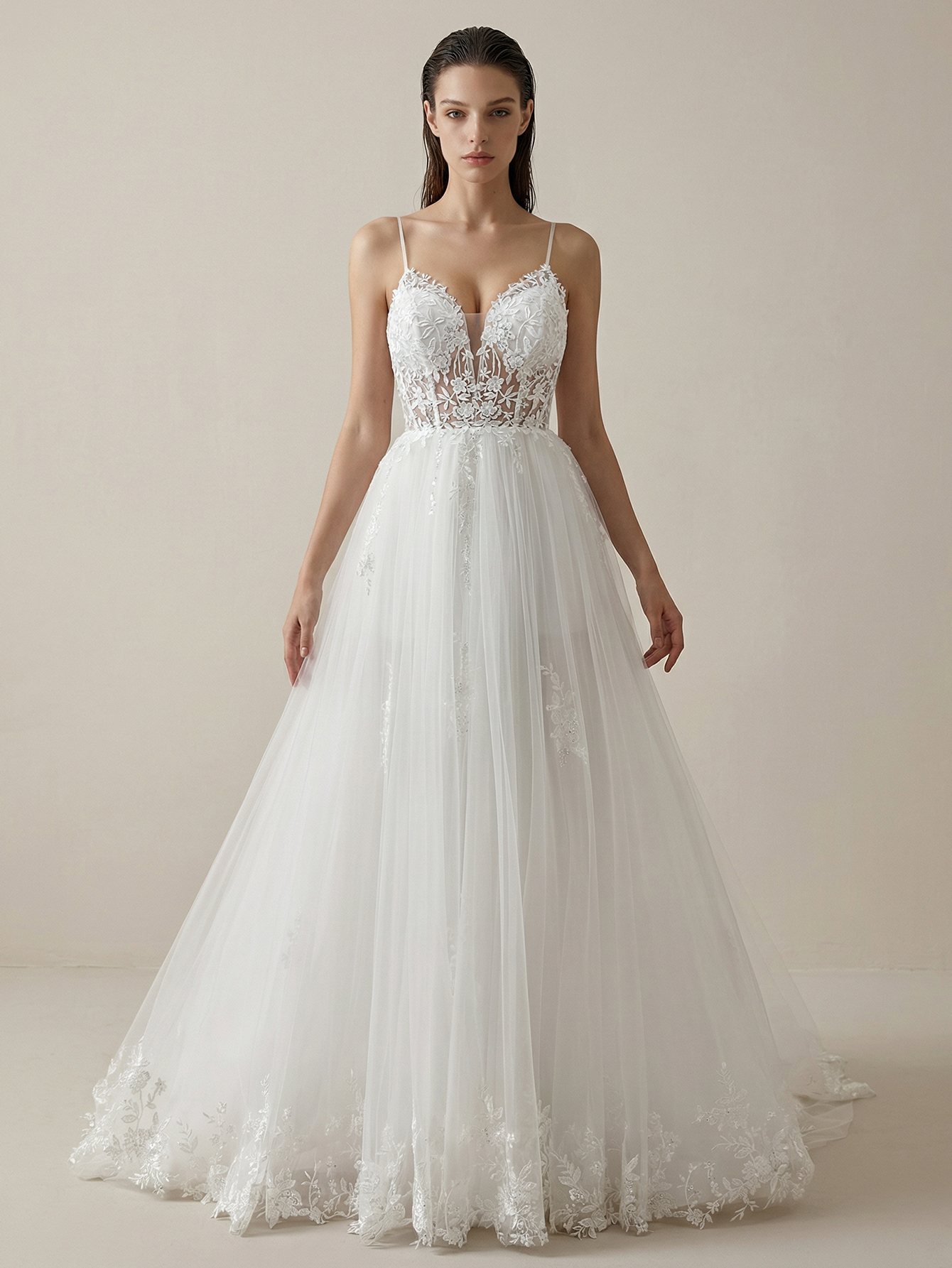 A Line Long Wedding Dress with Appliqued