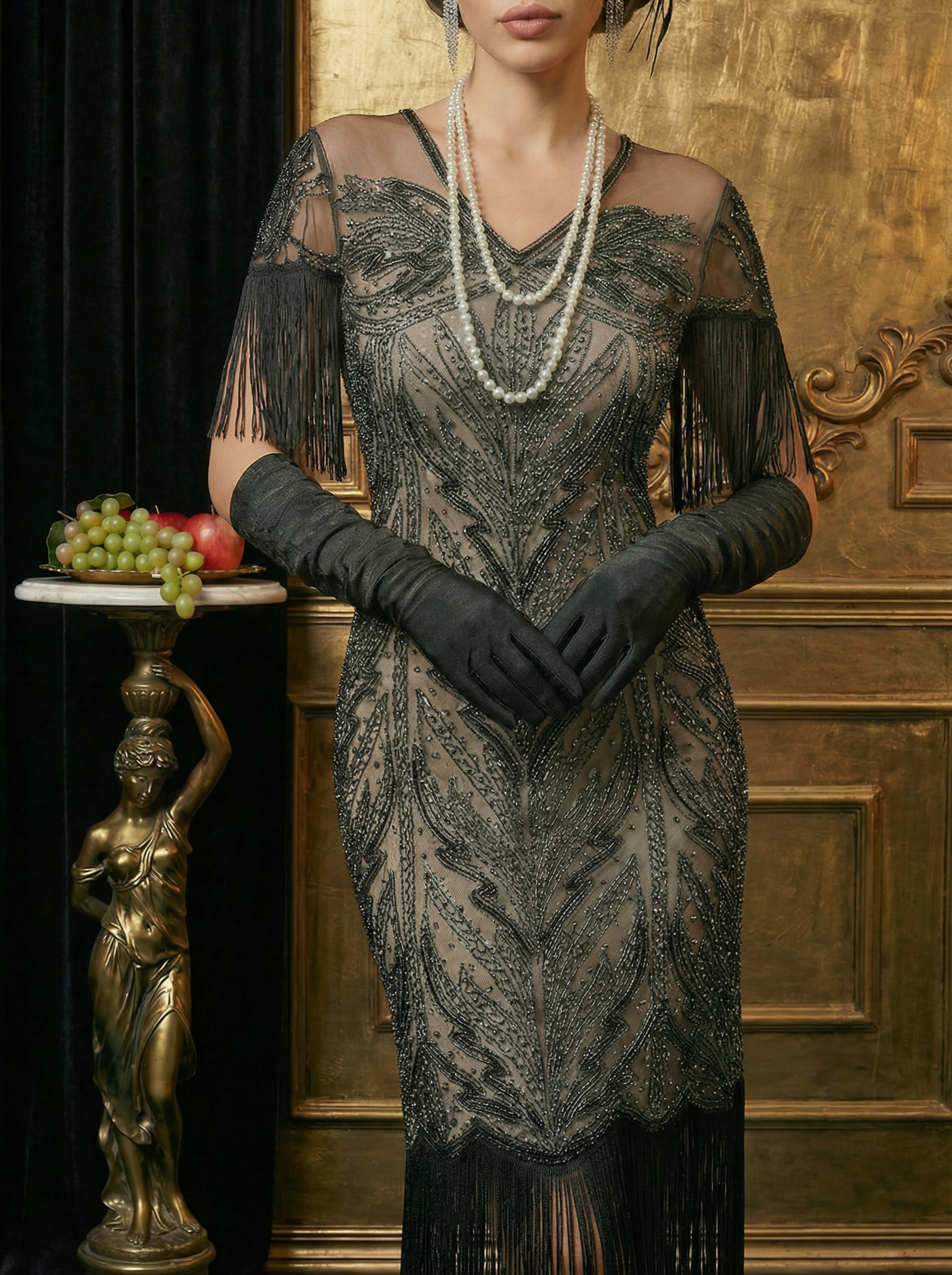 1920s Flapper Style Champagne Dress with Sequins and Short Sleeves