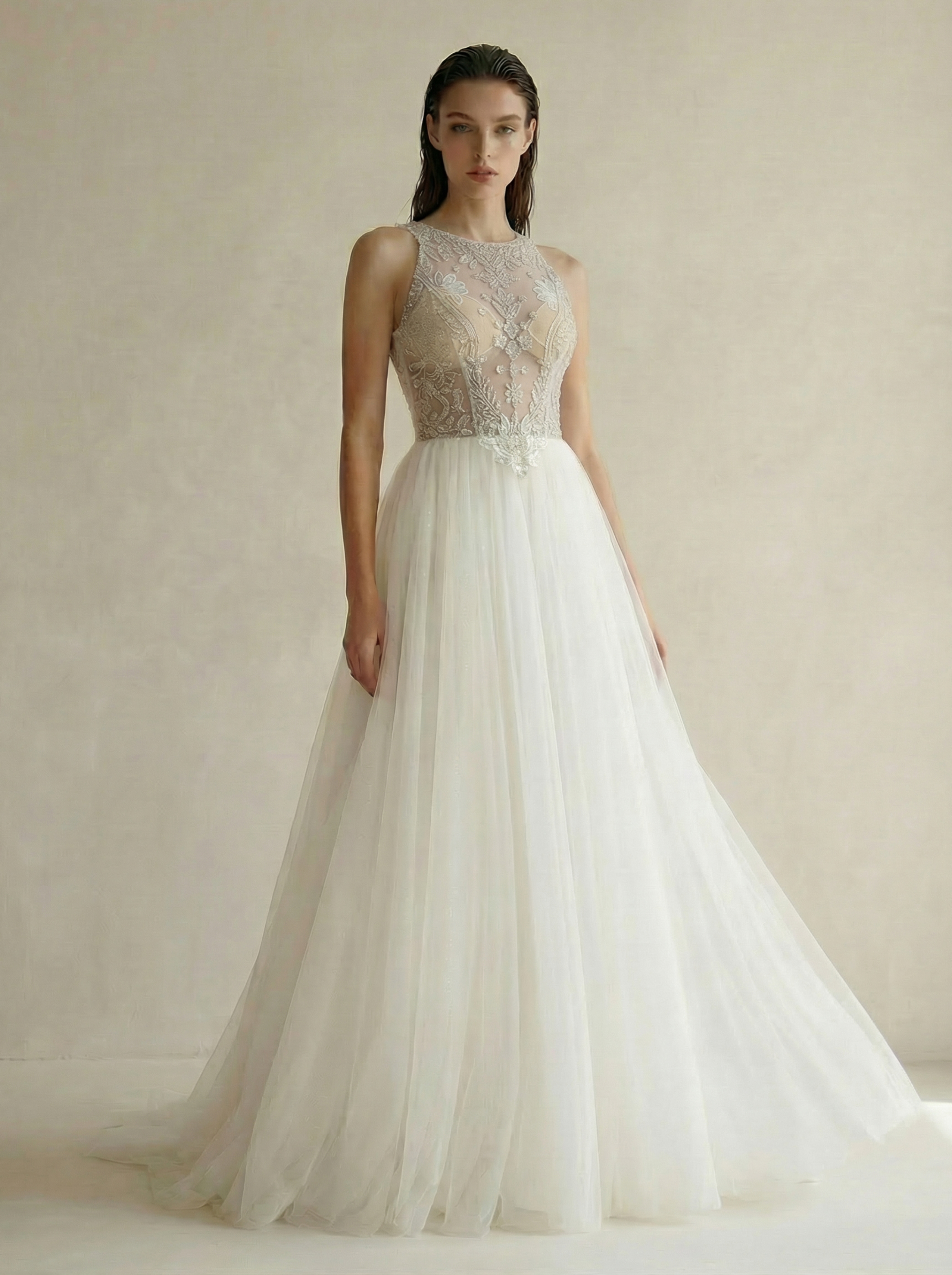 Classic Round Neck Tulle Ball Gown with Lace Flowers