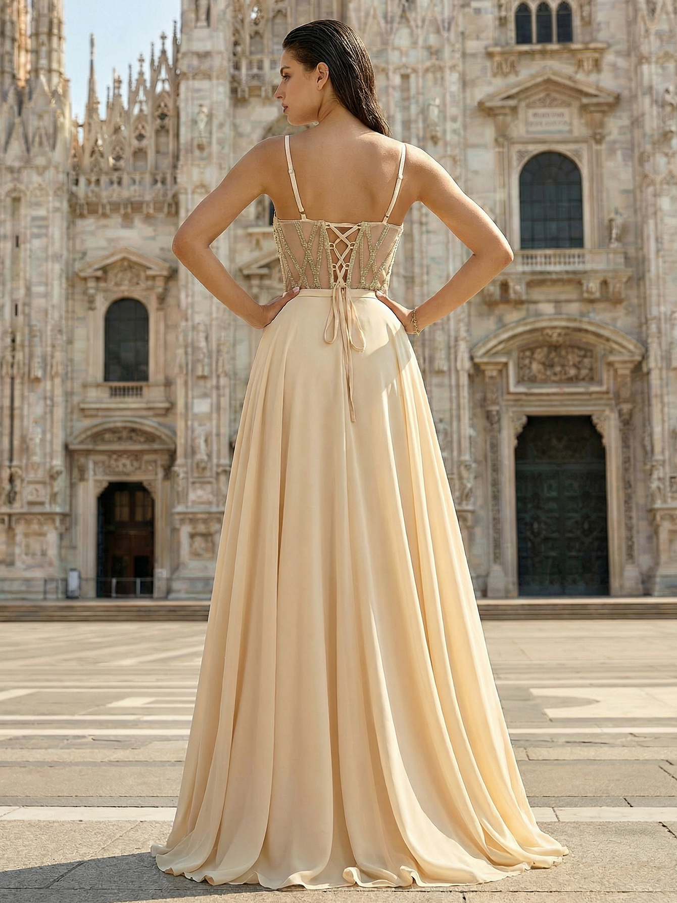 A-line Spaghetti Straps Chiffon Long Prom Dress with Beading