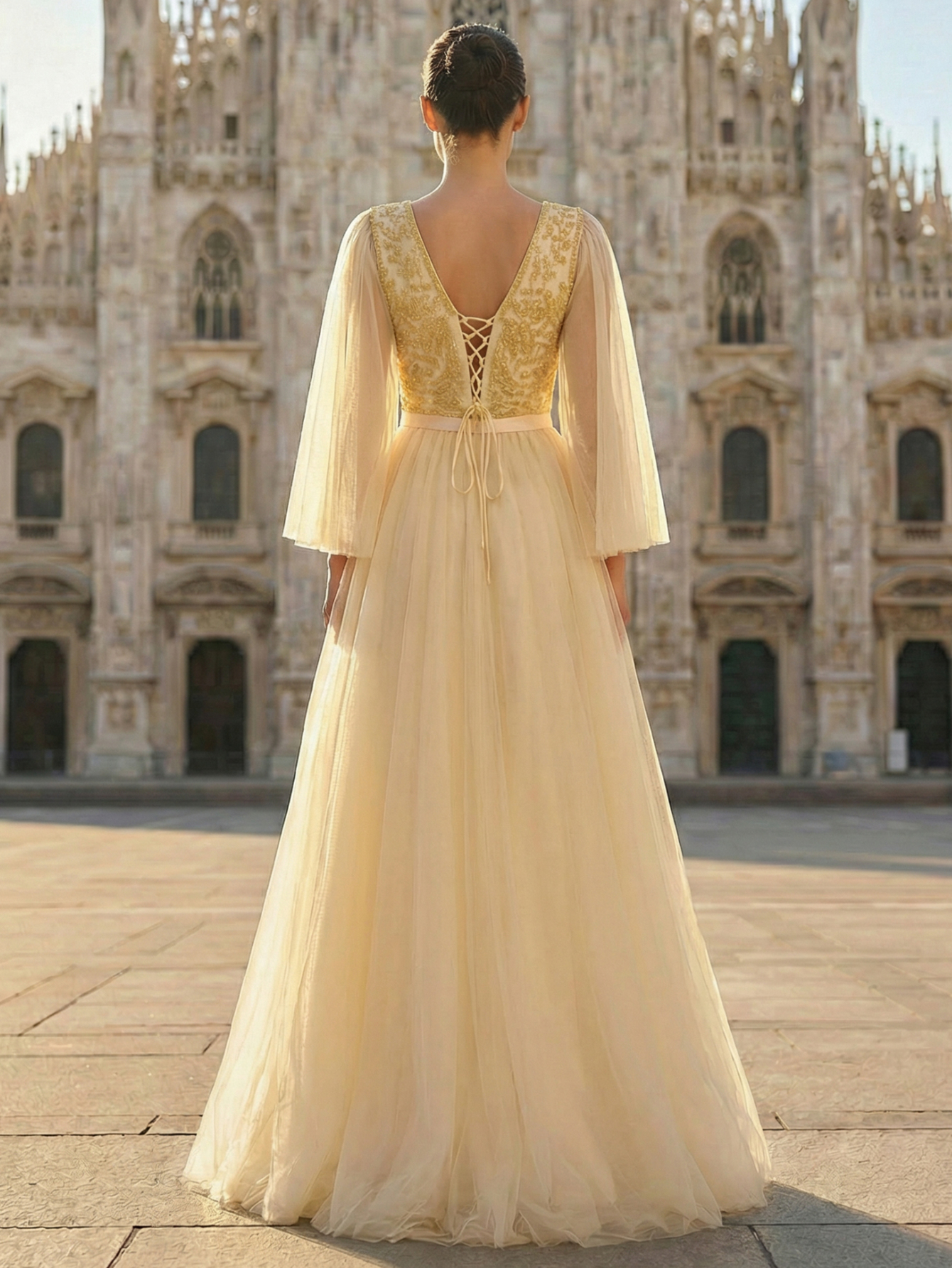 A-line Round Neck Ruffle Tulle Long Prom Dress with Beading