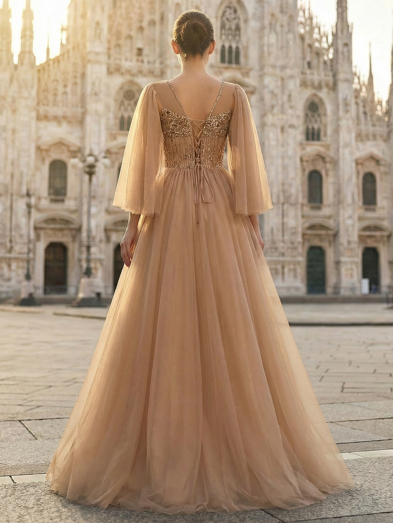 A-line Round Neck Ruffle Tulle Long Prom Dress with Beading