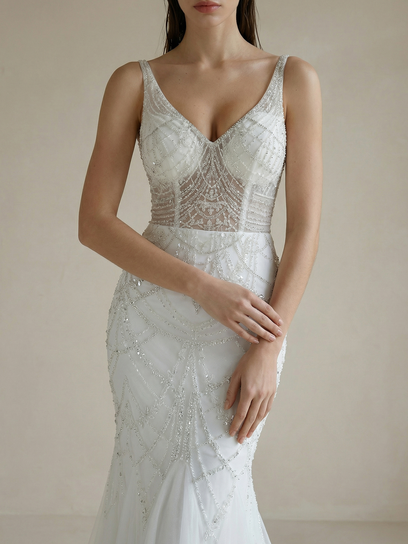 Mermaid V Neck Wedding Dress with Beading