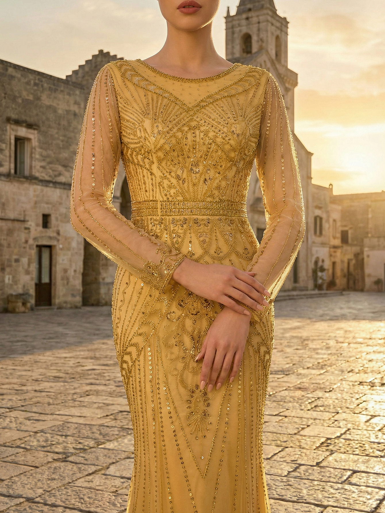 Luxurious Mermaid Round Neck Golden Sequin Prom Dress with Beading