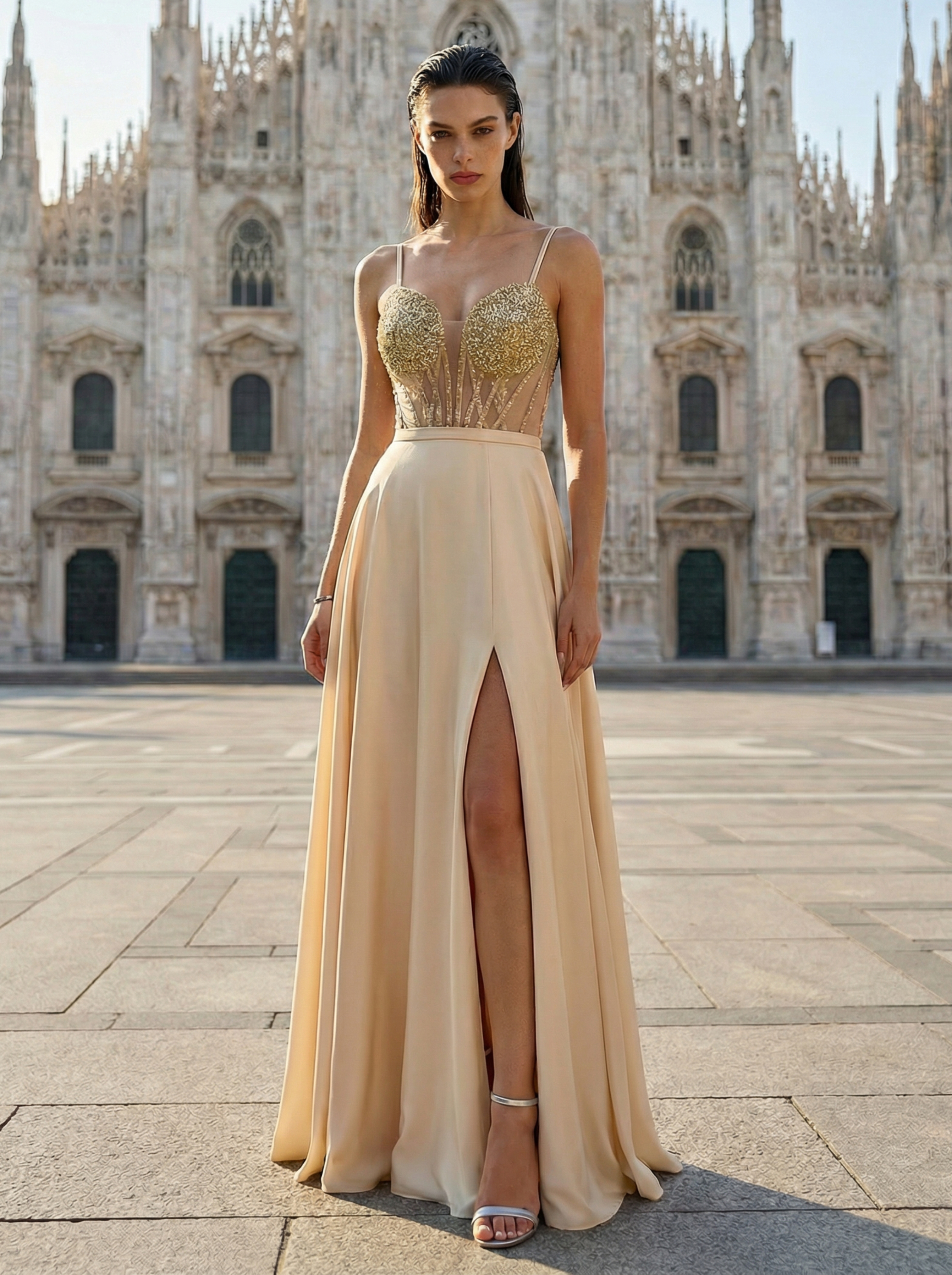 Chic Champagne Sheer Mermaid Gown with Intricate Beading and a Seductive Slit
