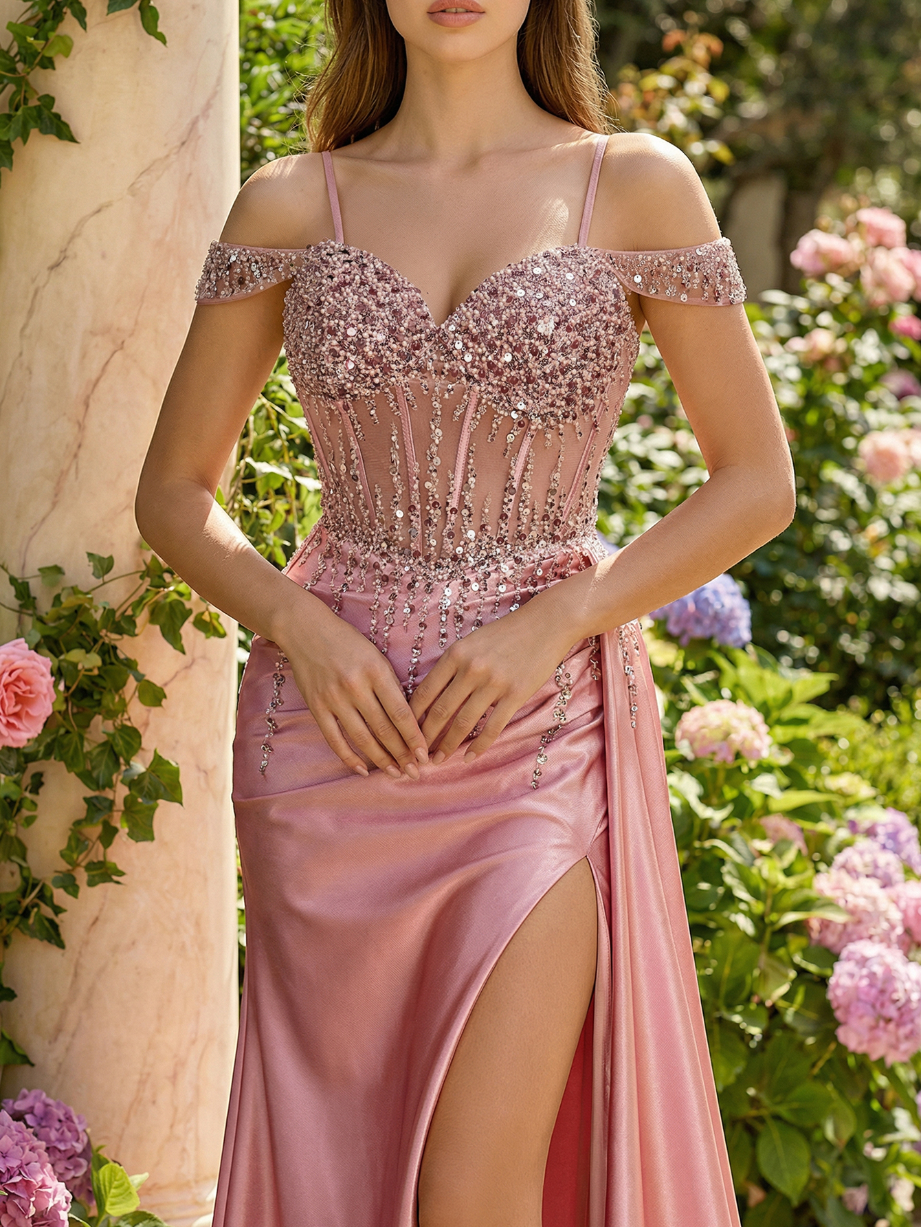 Mermaid Side Streamer Pleated Long Corset Satin Prom Dress With Slit