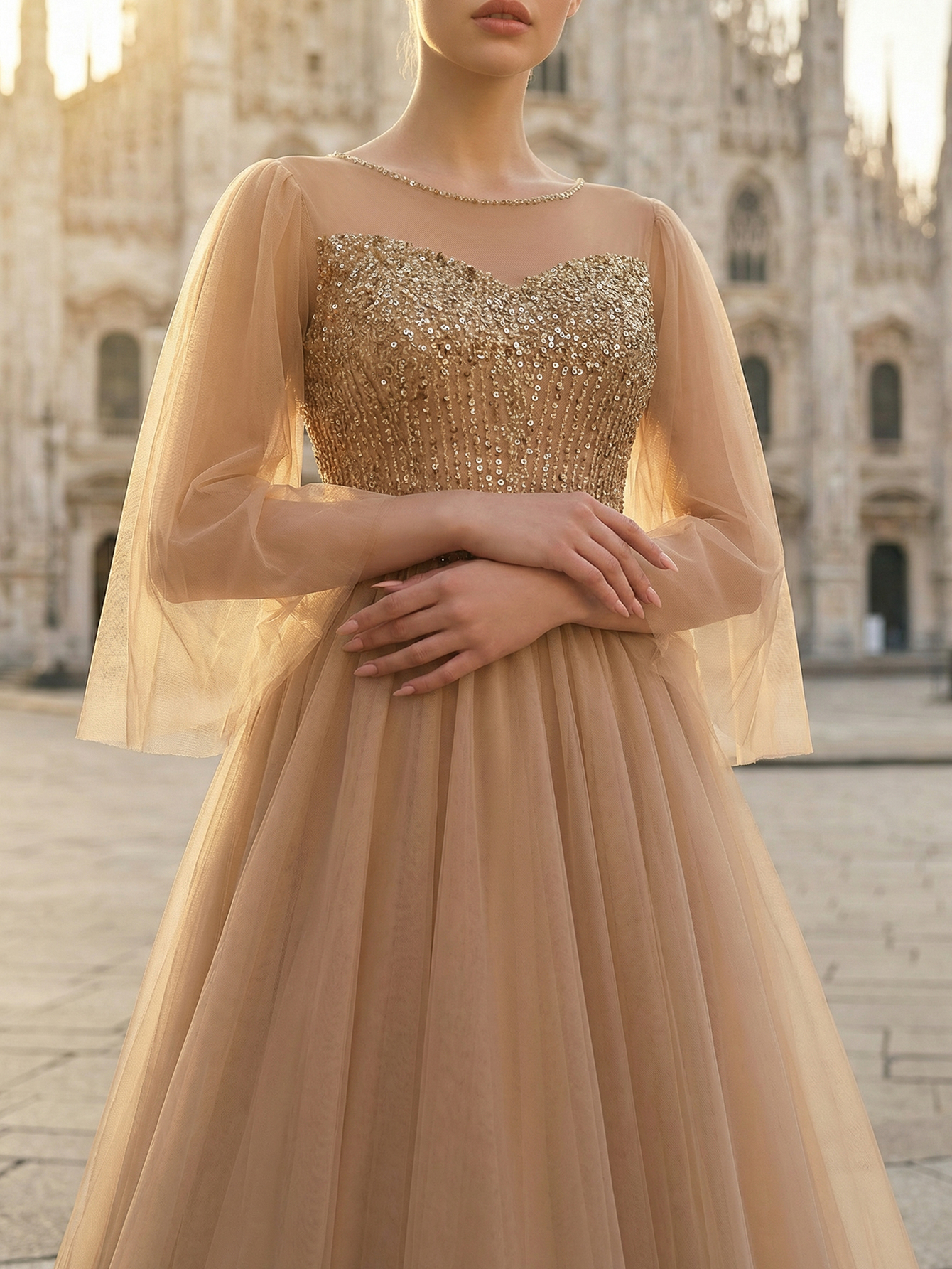 A-line Round Neck Ruffle Tulle Long Prom Dress with Beading