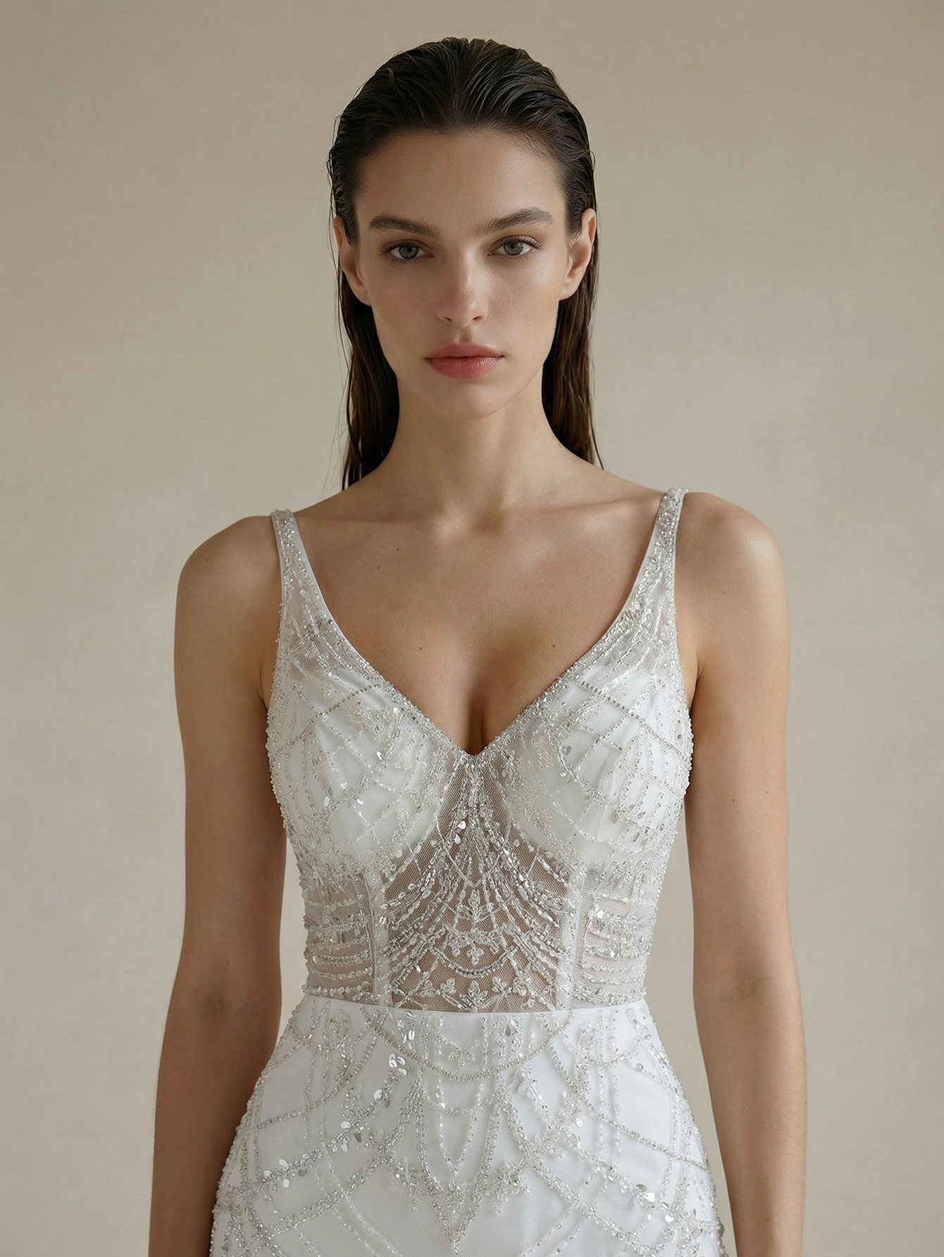 Mermaid V Neck Wedding Dress with Beading