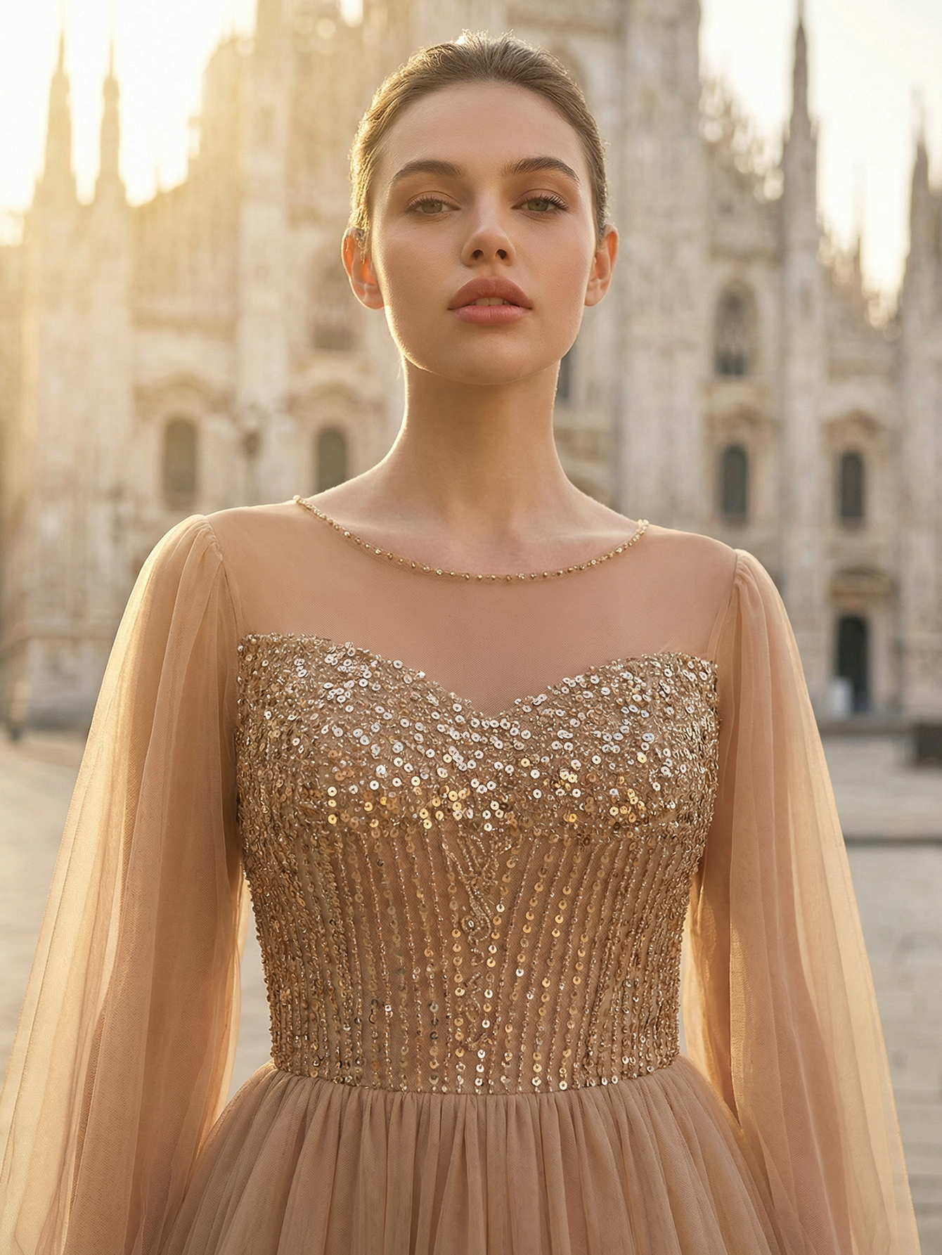 A-line Round Neck Ruffle Tulle Long Prom Dress with Beading