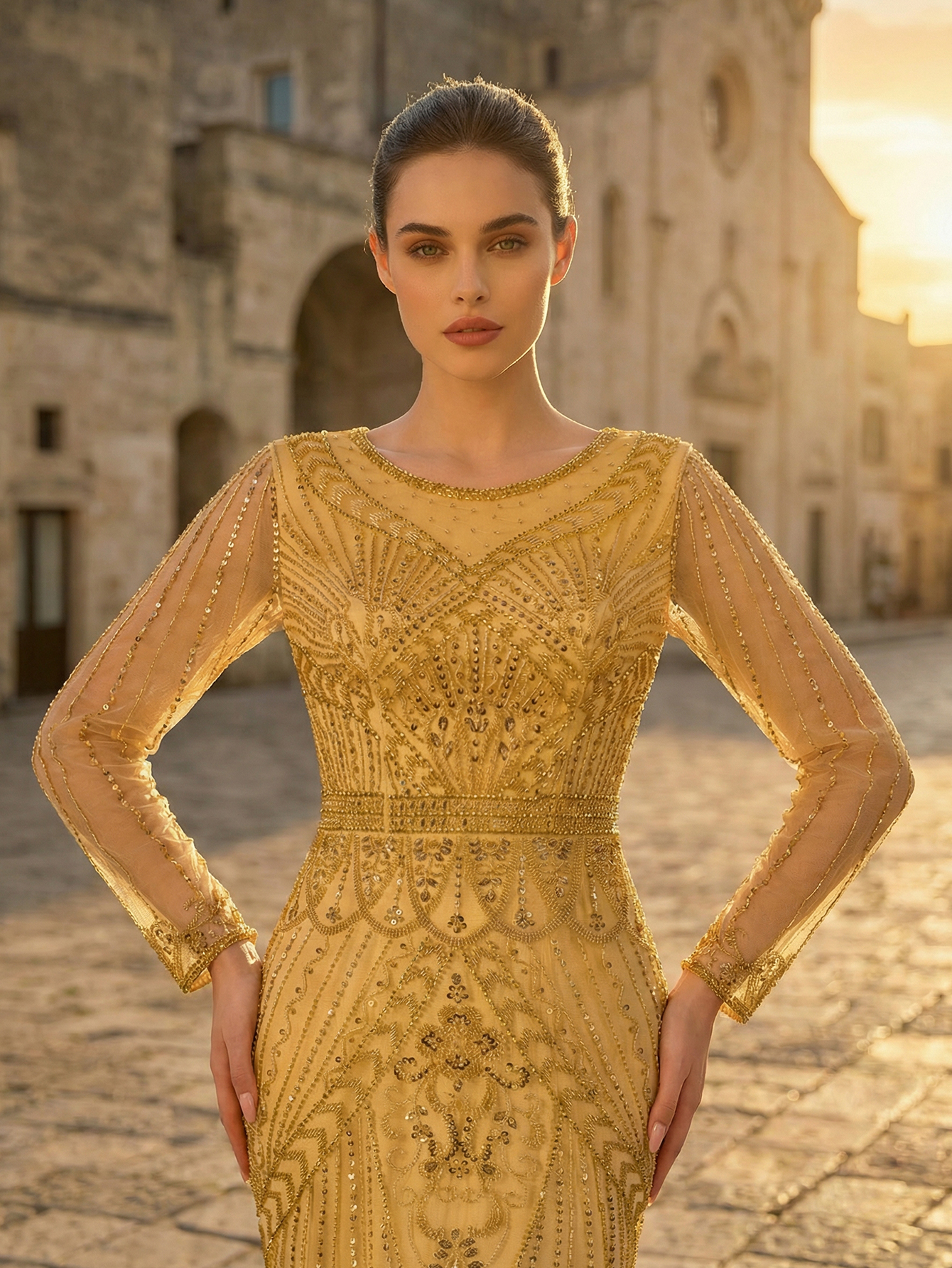 Luxurious Mermaid Round Neck Golden Sequin Prom Dress with Beading