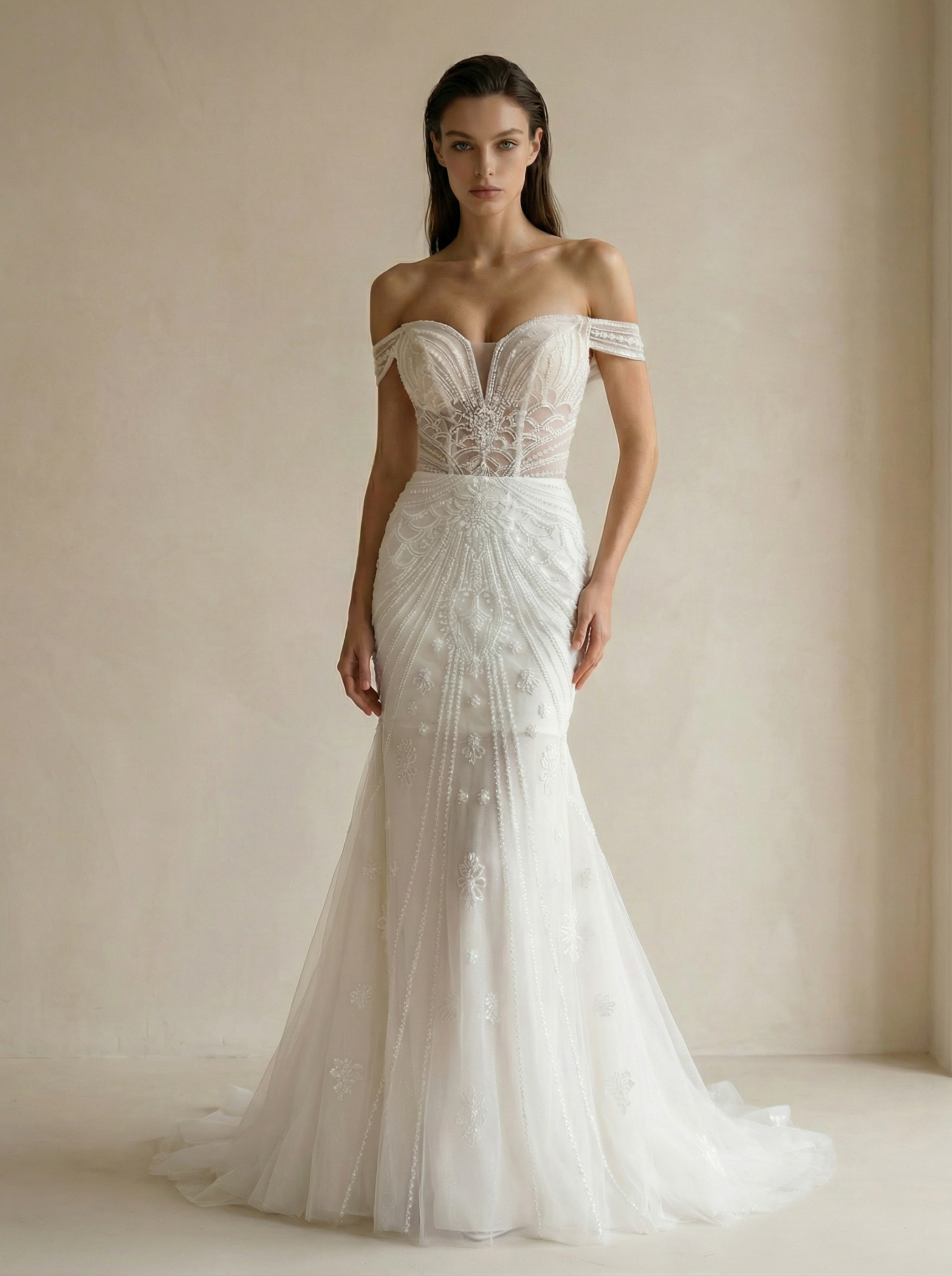 Off-Shoulder Sheer Bodice Beaded Mermaid Wedding Dress