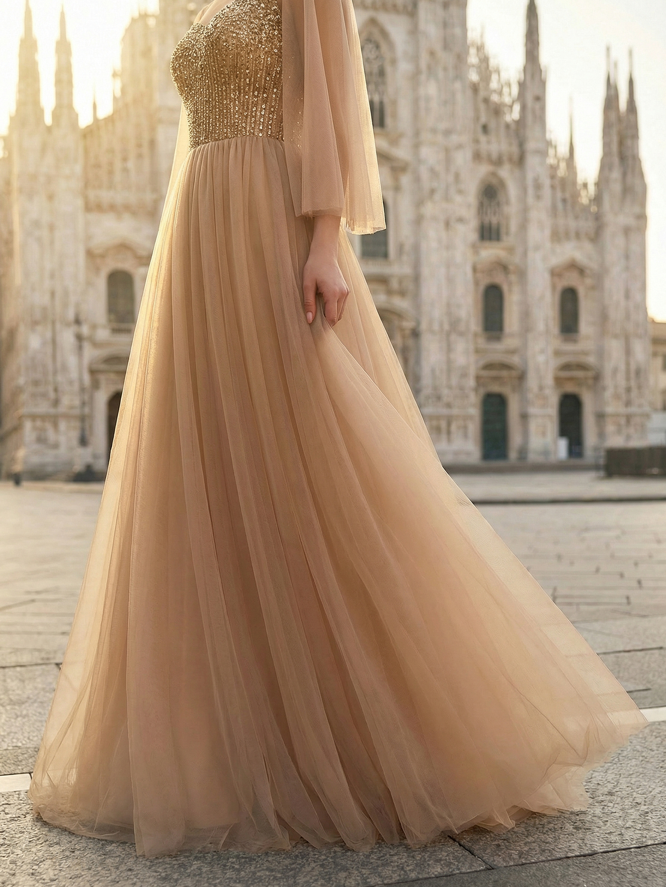 A-line Round Neck Ruffle Tulle Long Prom Dress with Beading