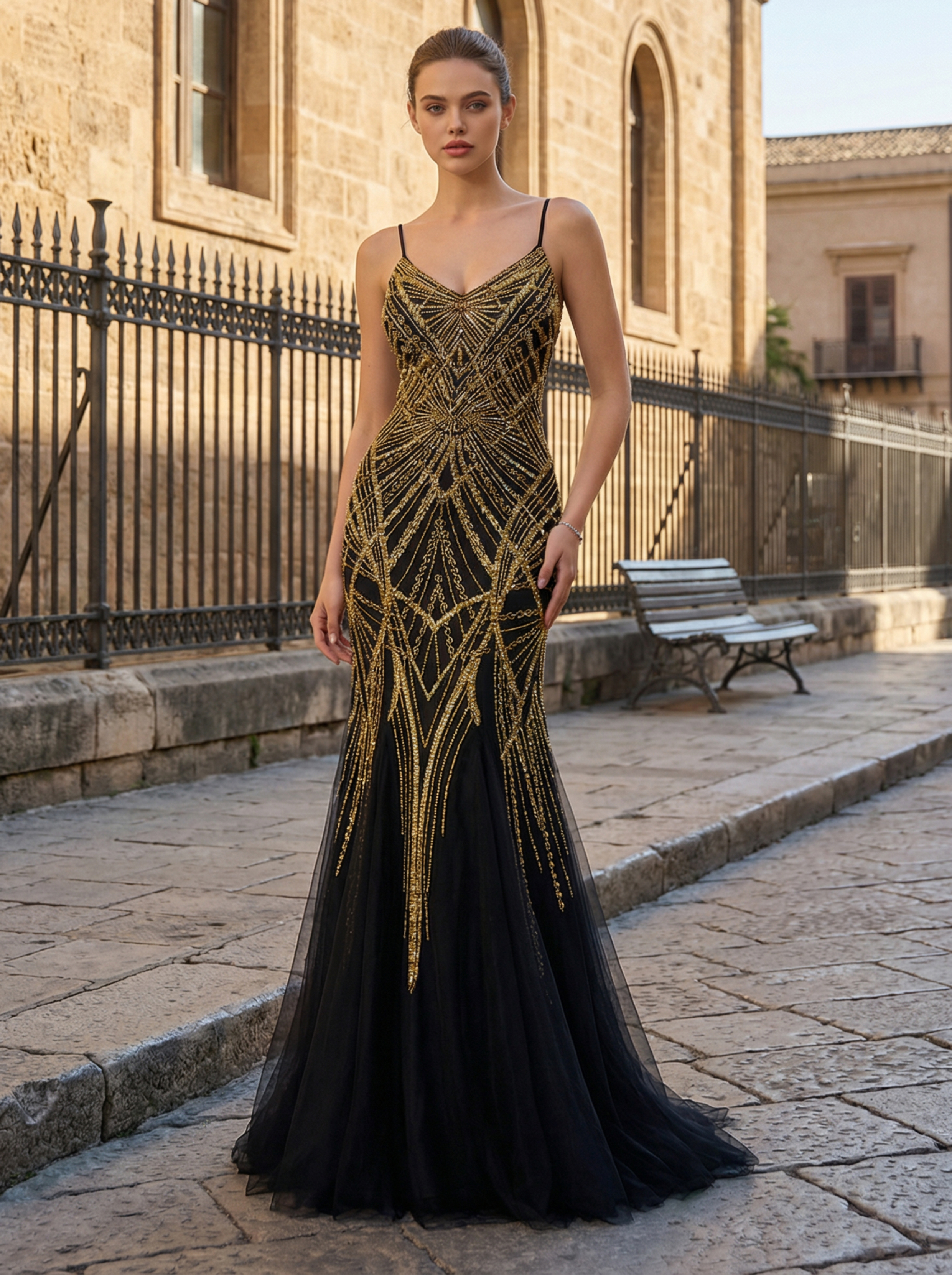 Chic Golden Beaded Velvet Mermaid Evening Gown