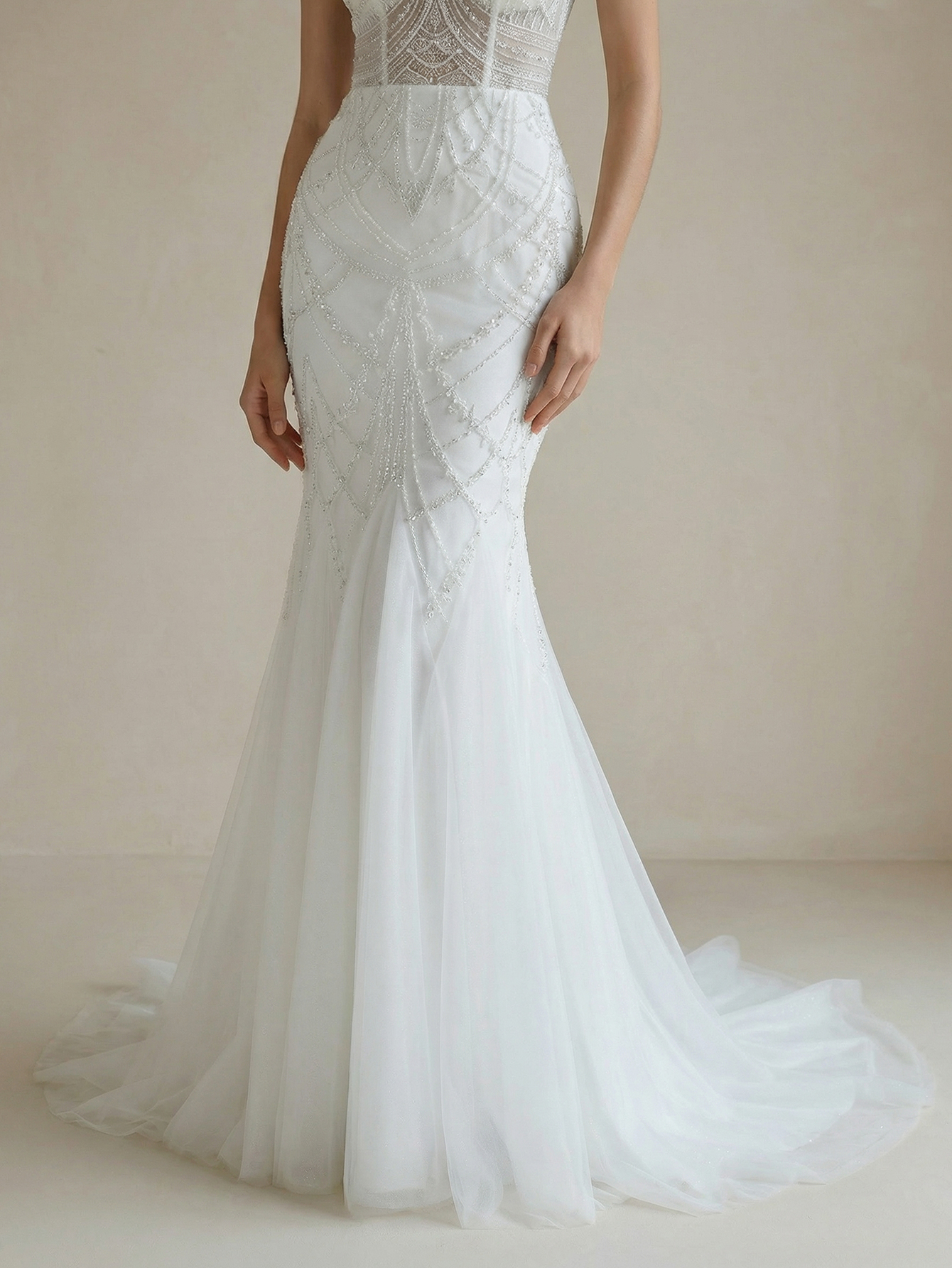 Mermaid V Neck Wedding Dress with Beading