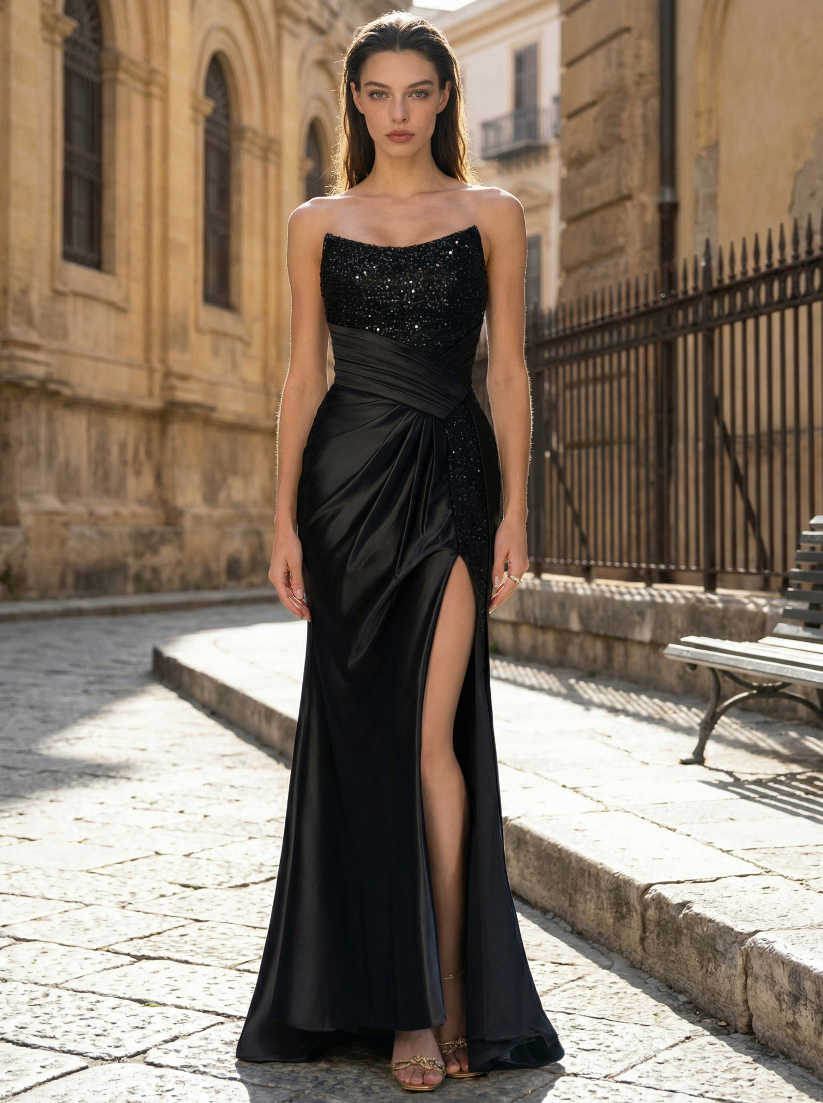 Statement Gown Featuring Metallic Sequins and Dynamic Draped Details