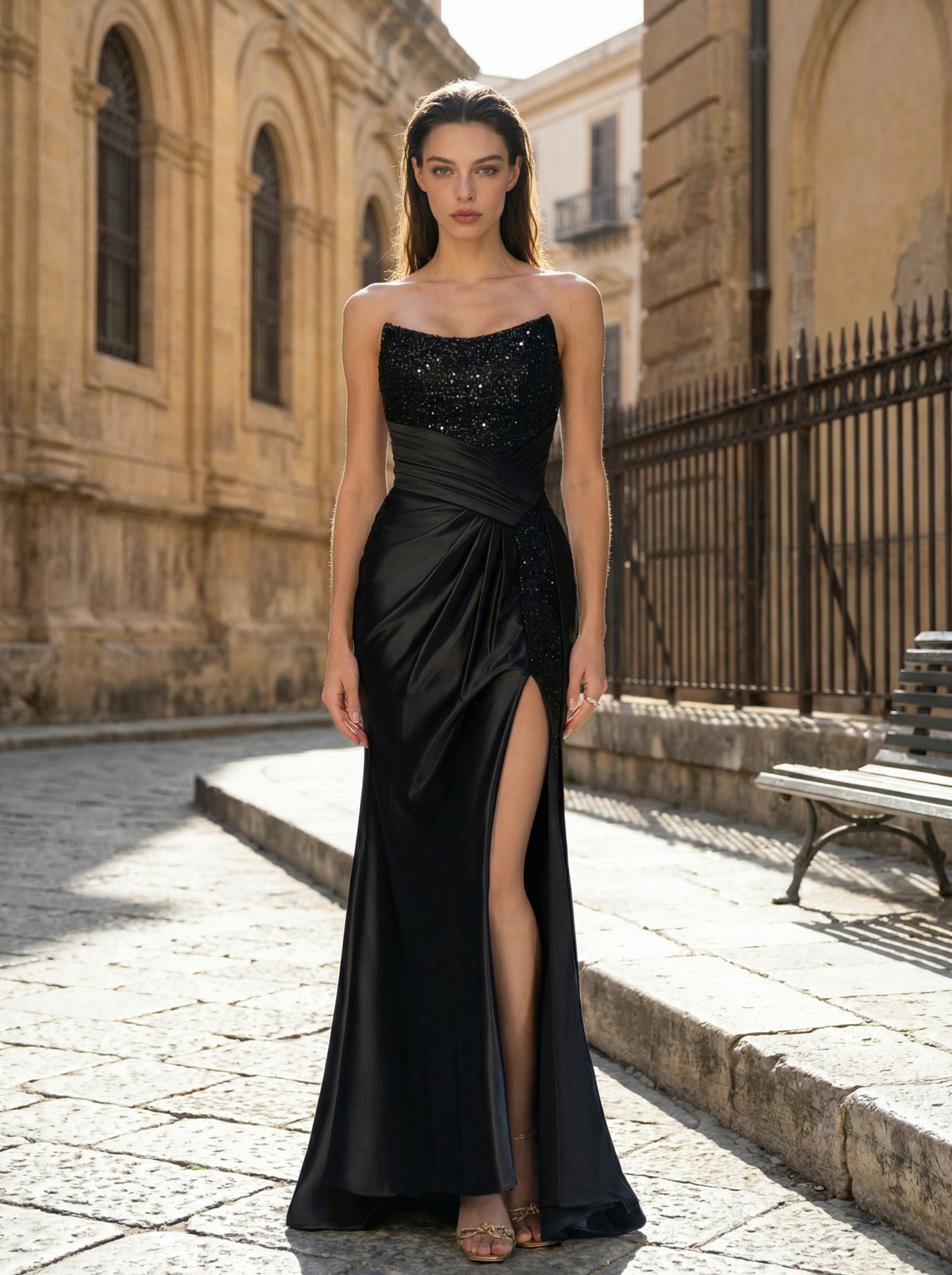 Elegant Mermaid Gown with Beaded Asymmetrical Panels and High Slit