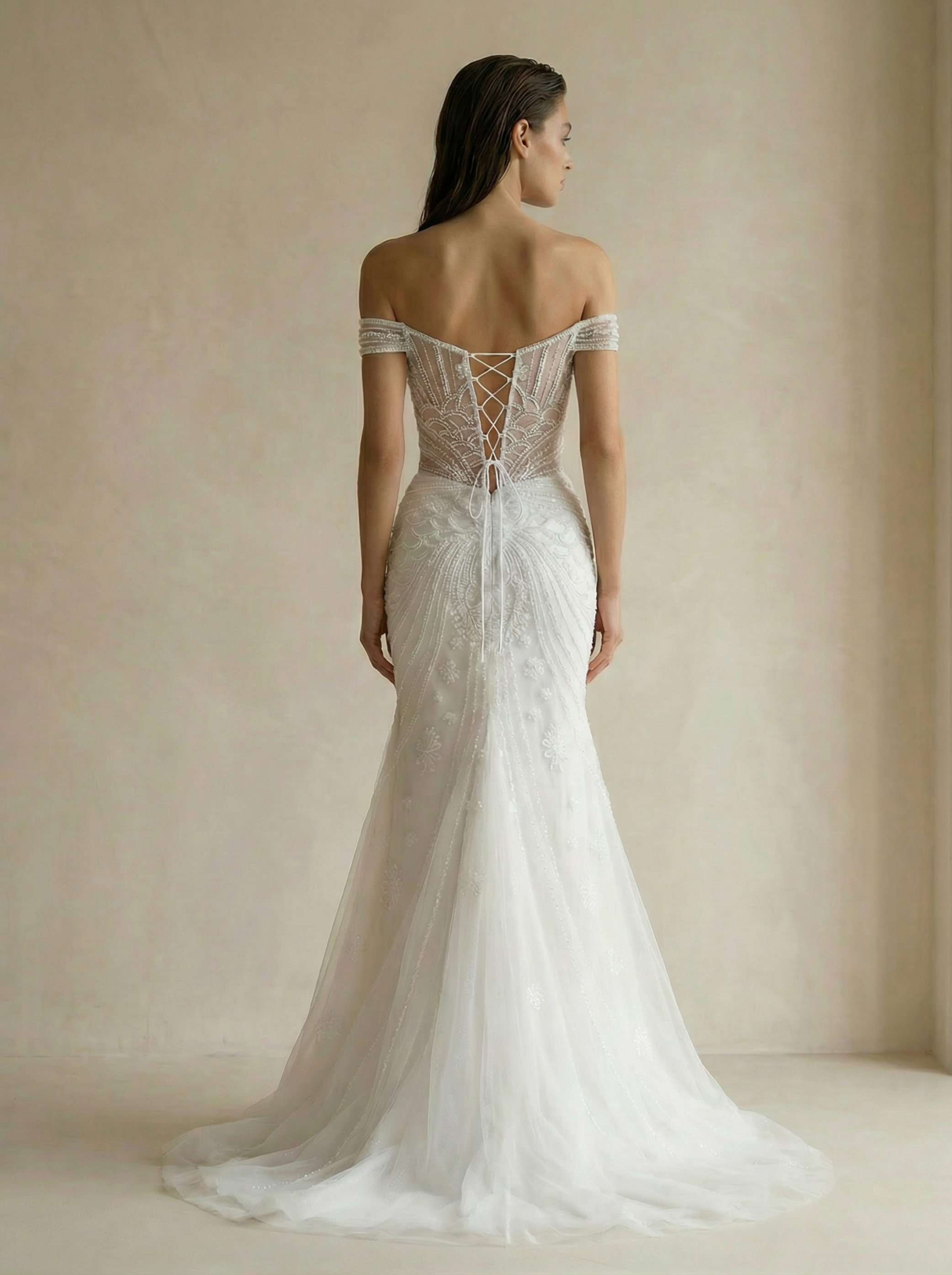 Off-Shoulder Sheer Bodice Beaded Mermaid Wedding Dress