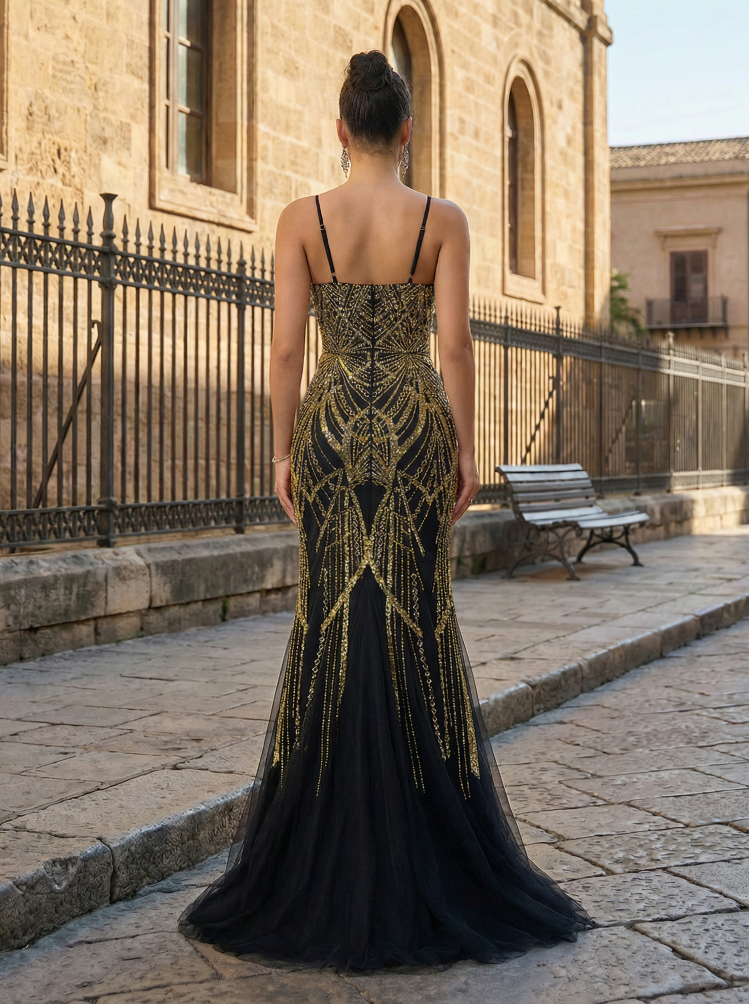 Chic Golden Beaded Velvet Mermaid Evening Gown
