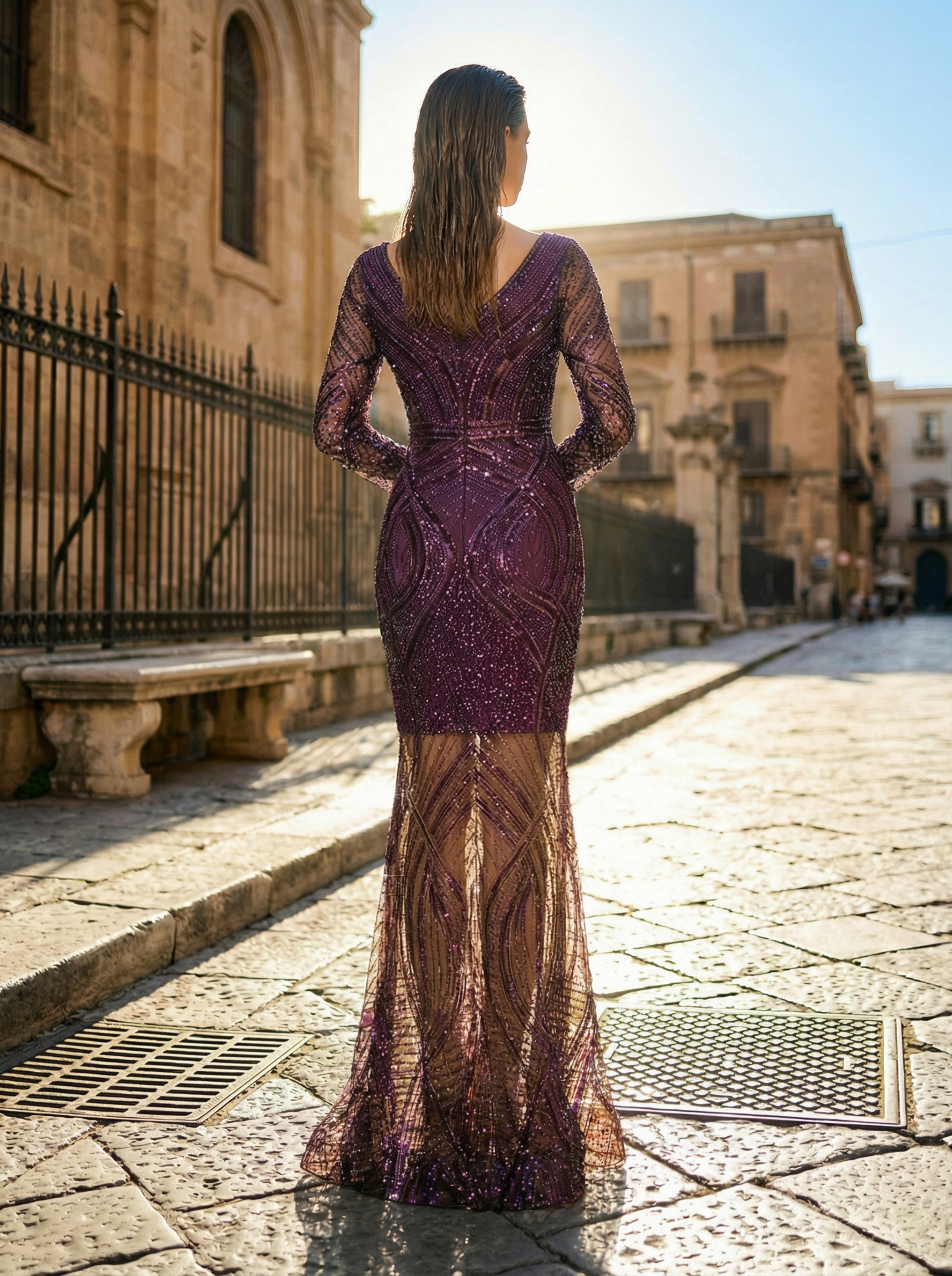 Elegant Long Sleeve Bodycon Evening Gown Beaded Party Dress