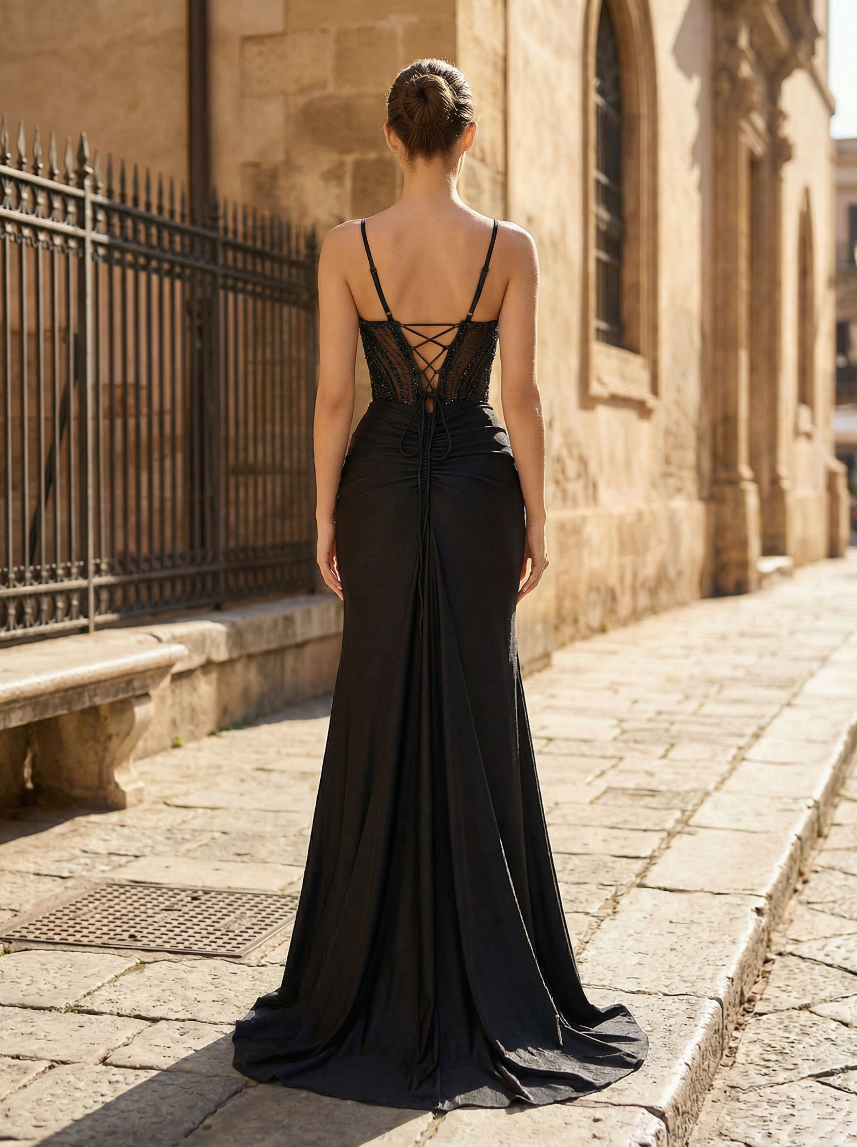 Elegant Deep V-Neck Black Sequin Prom Dress with High Slit