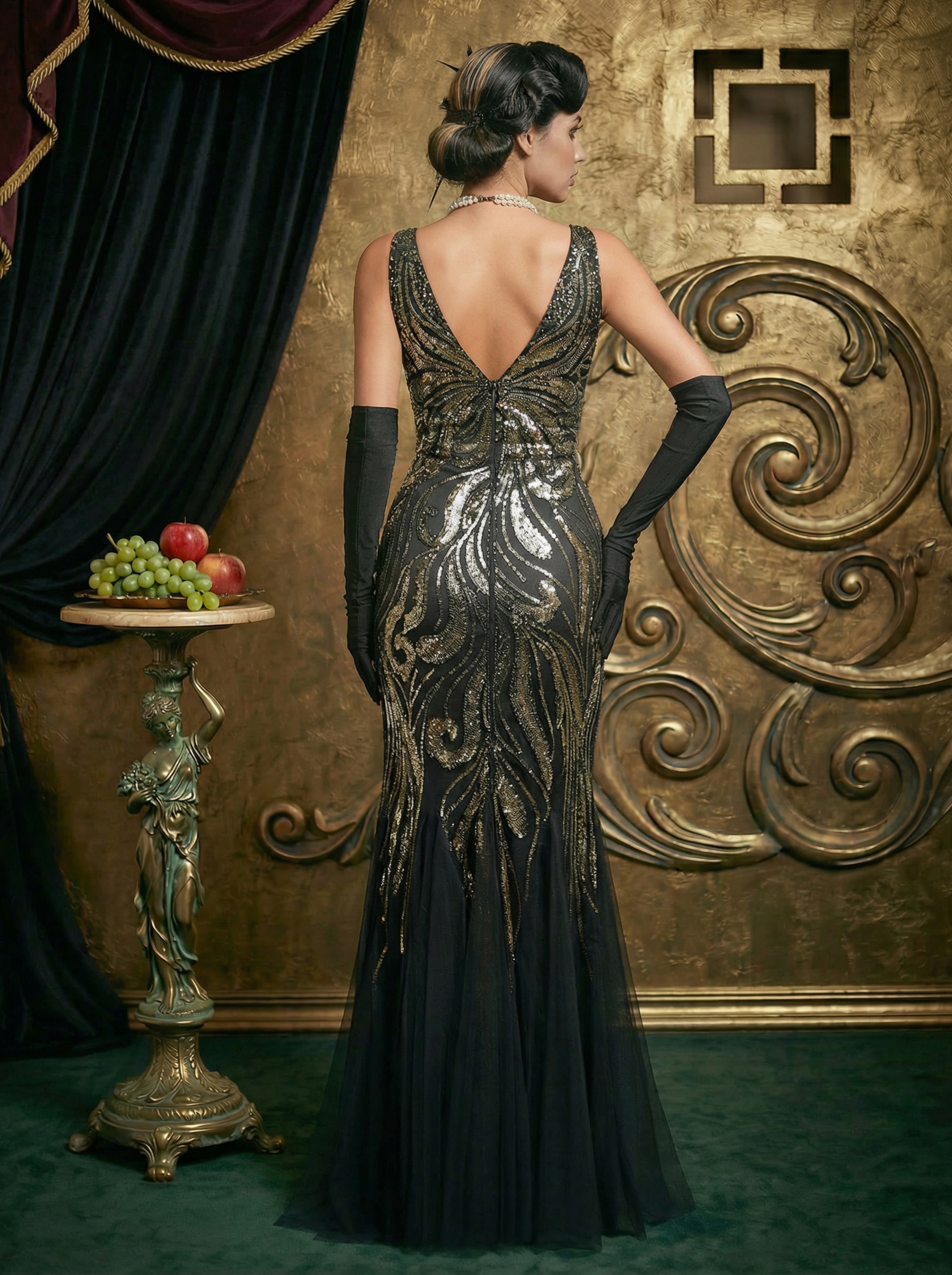 Black and Gold Floor Length 1920s Evening Gown with Open Back