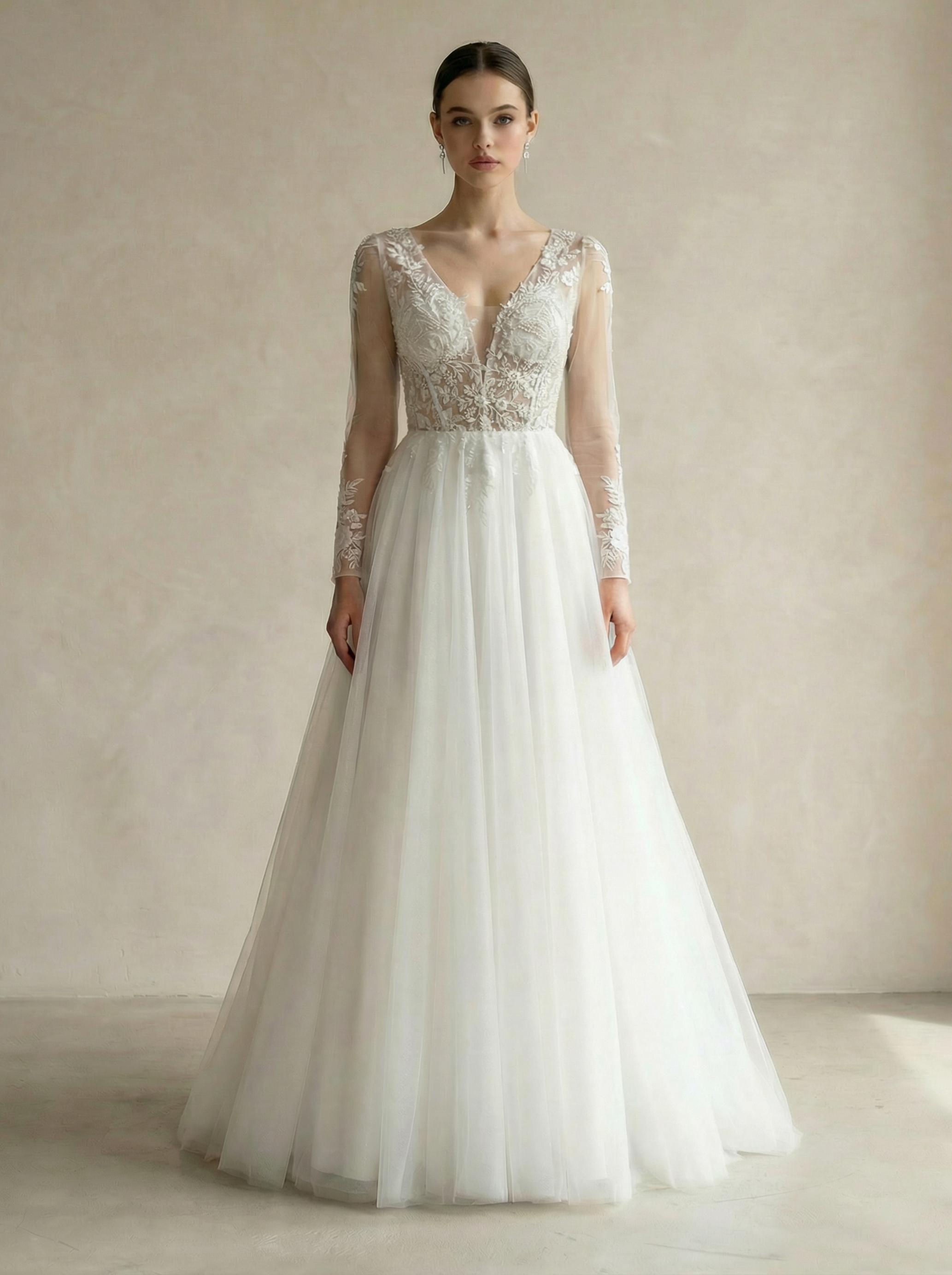 Elegant Beaded A-Line Wedding Dress with Long Sleeves