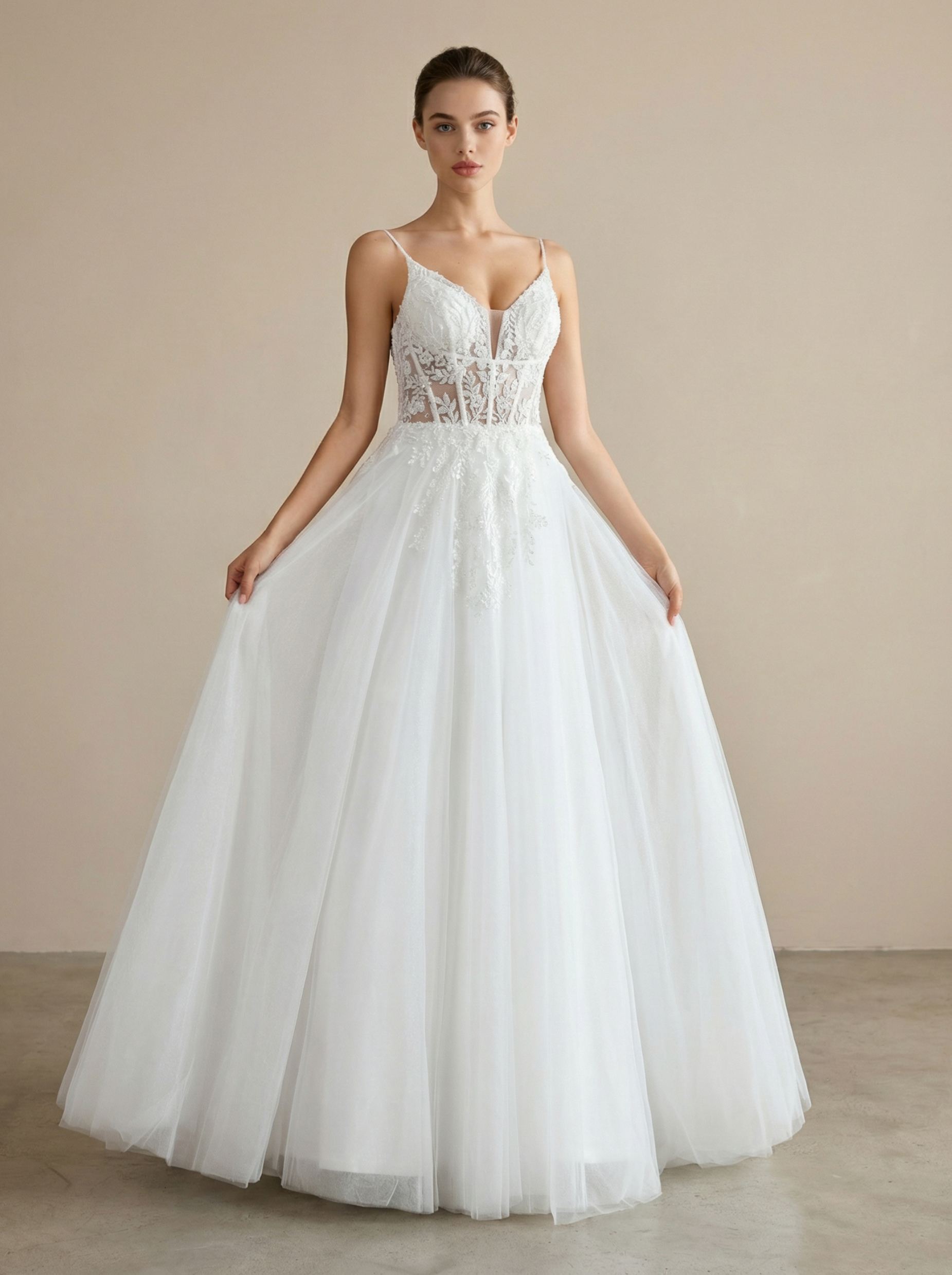 Sheer Corset Bodice Spaghetti Strap A-Line Wedding Dress