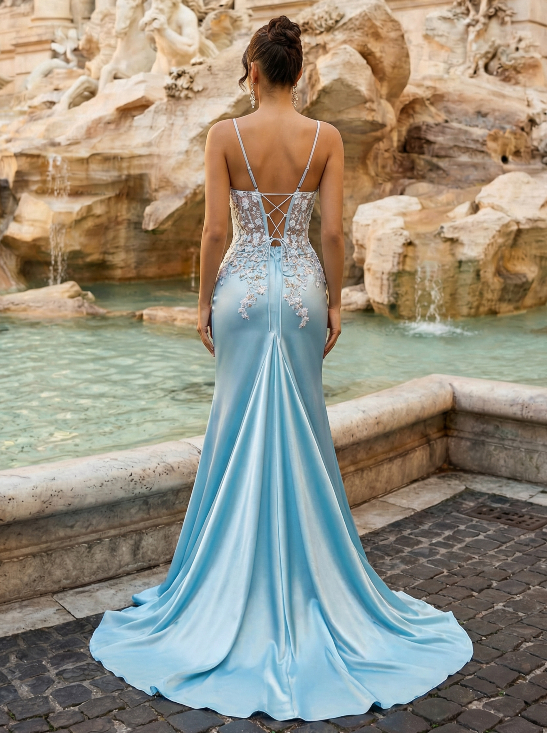 Sky Blue Sequin Mermaid Dress with Slit and Spaghetti Straps