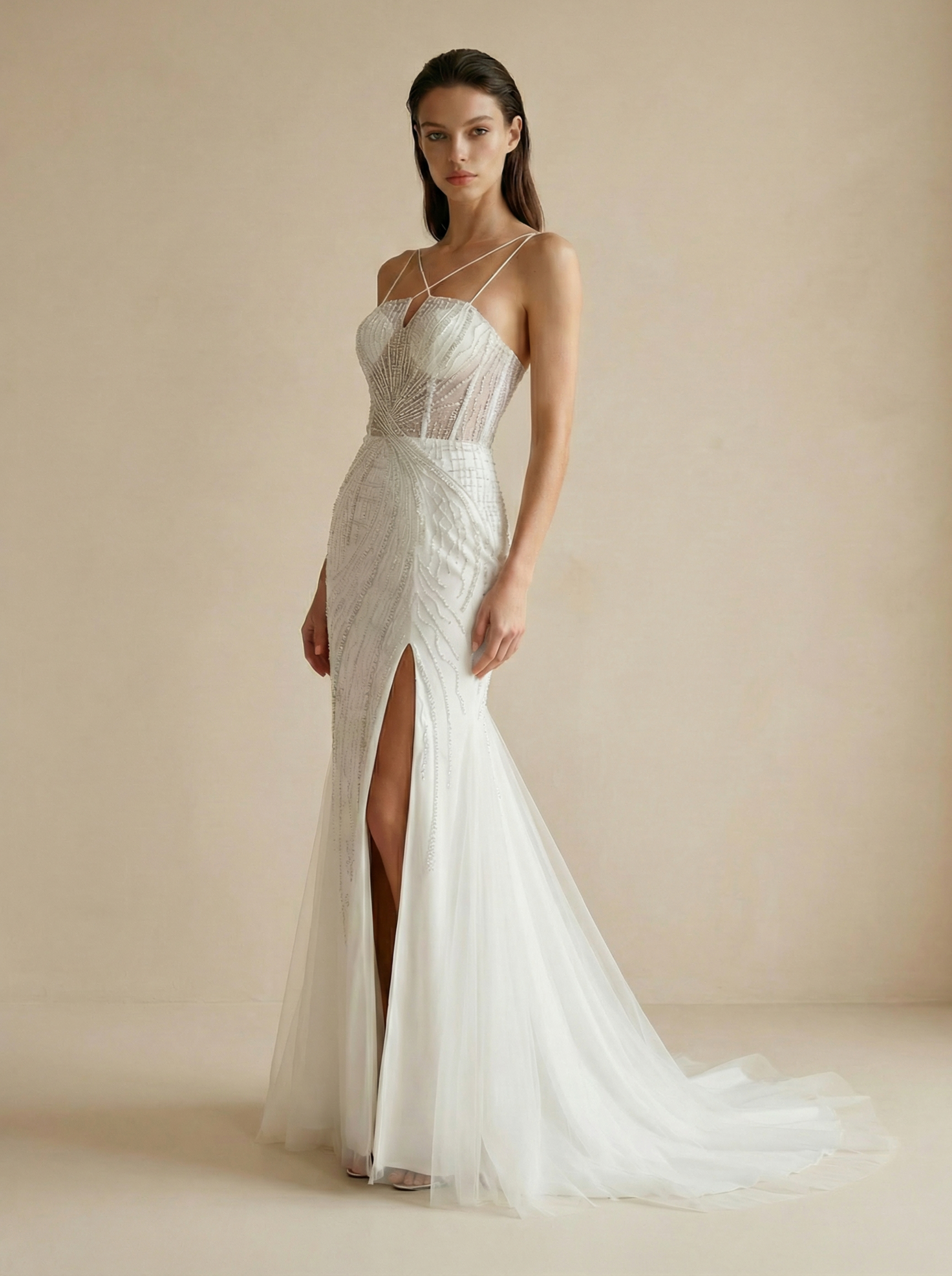 V-Neck Spaghetti Strap Backless Sheath Wedding Dress