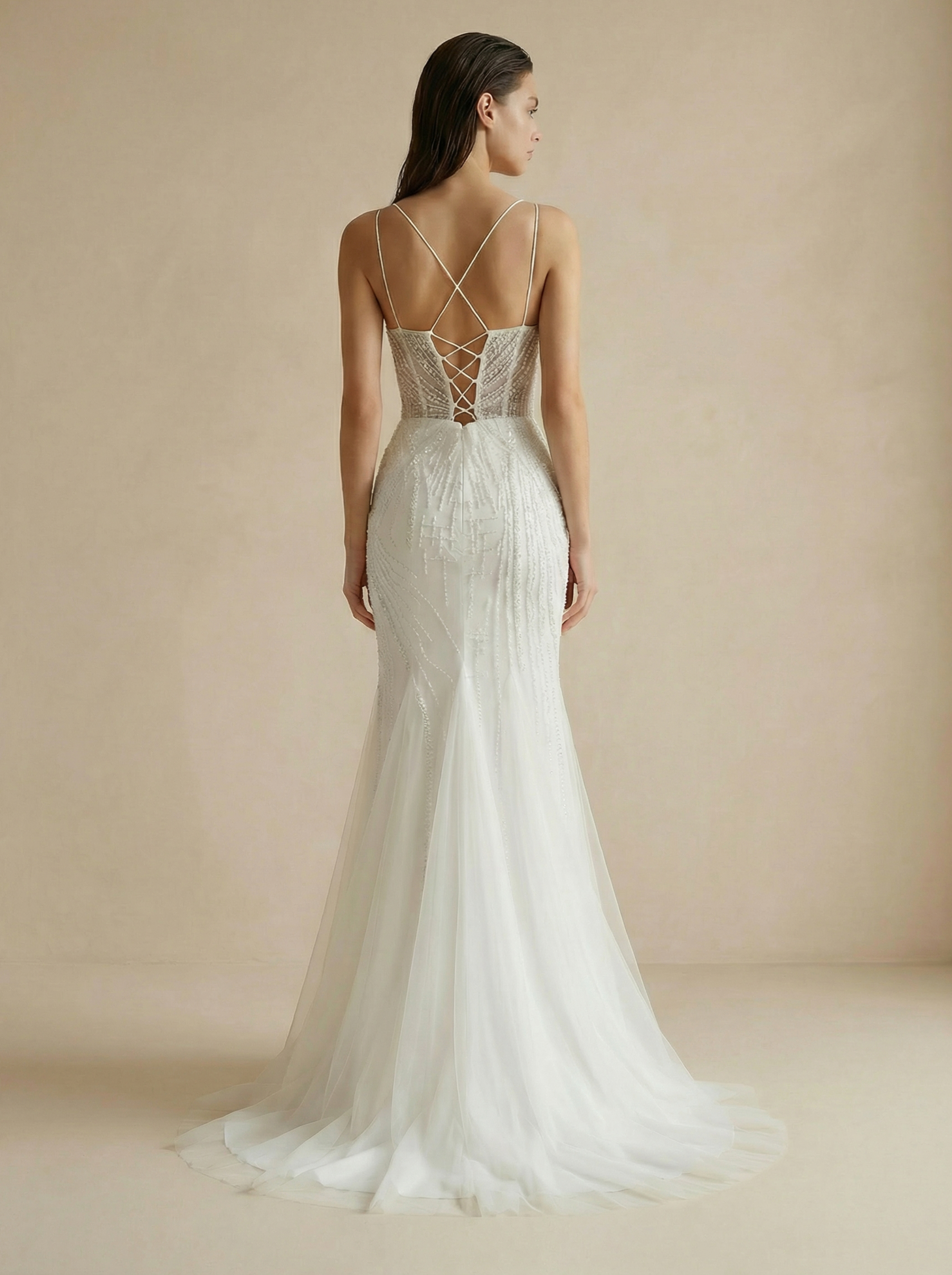 V-Neck Spaghetti Strap Backless Sheath Wedding Dress