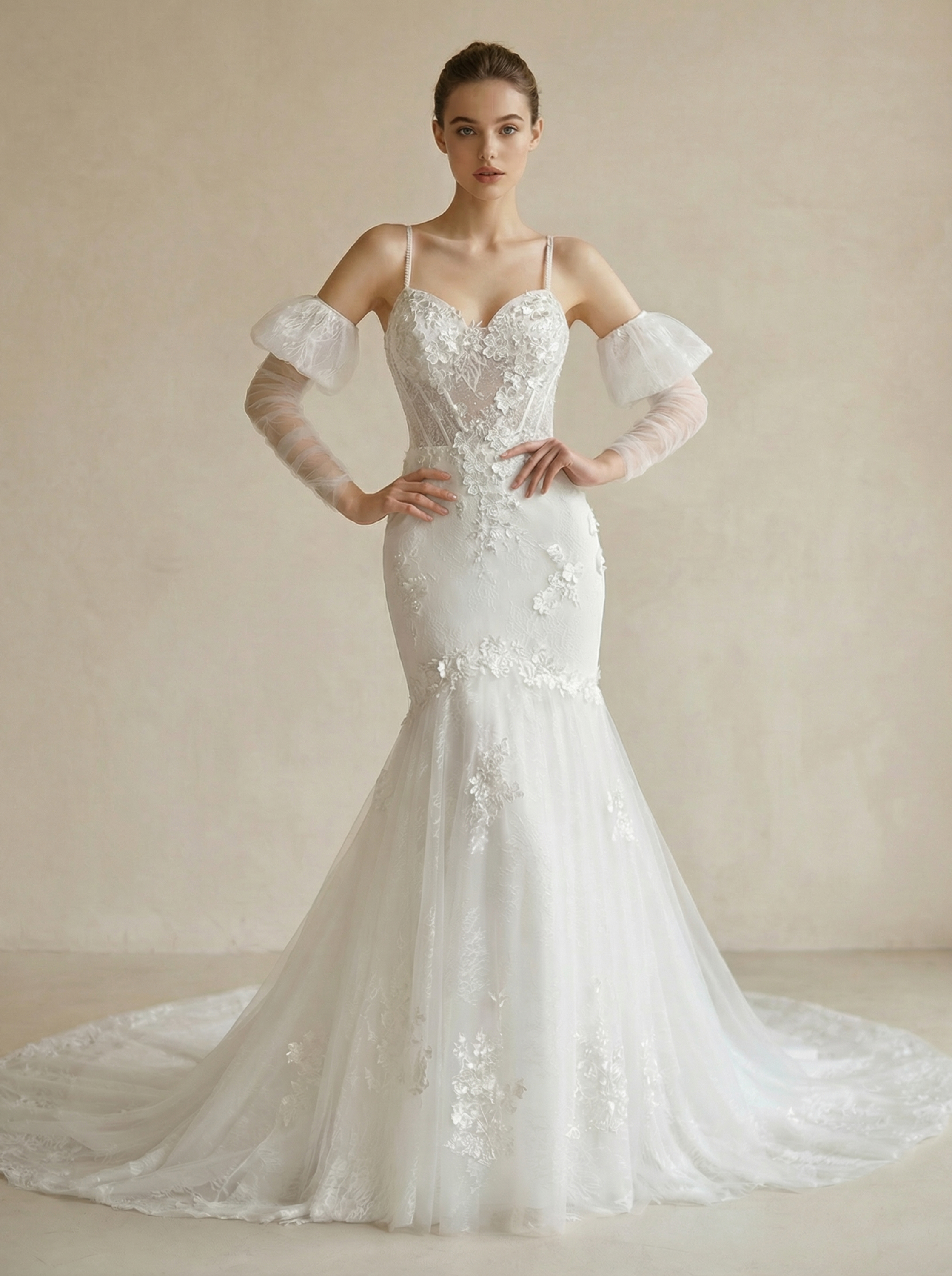 Elegant Embroidered Crystal-Embellished Tulle Wedding Gown